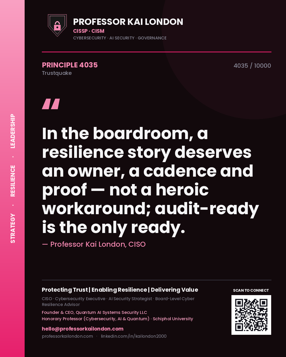 Professor Kai London principle 4035: In the boardroom, a resilience story deserves an owner, a cadence and proof — not a heroic workaround; audit-ready is the only ready.
