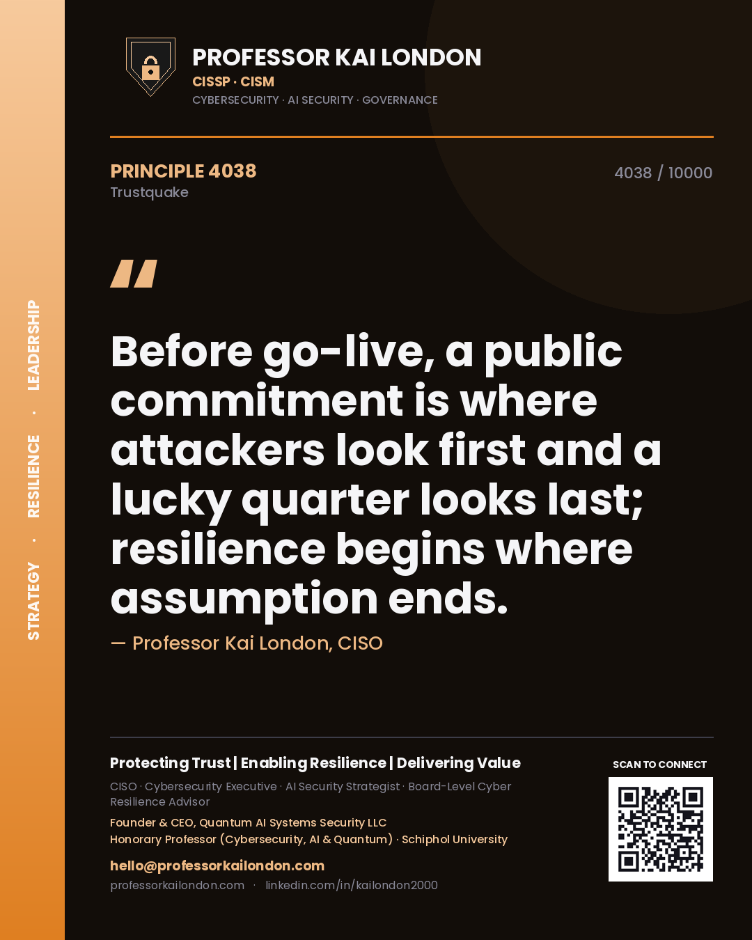 Quote card by Professor Kai London reading 'Before go-live, a public commitment is where attackers look first and a lucky quarter looks last; resilience begins where assumption ends.'. From the book Trustquake.