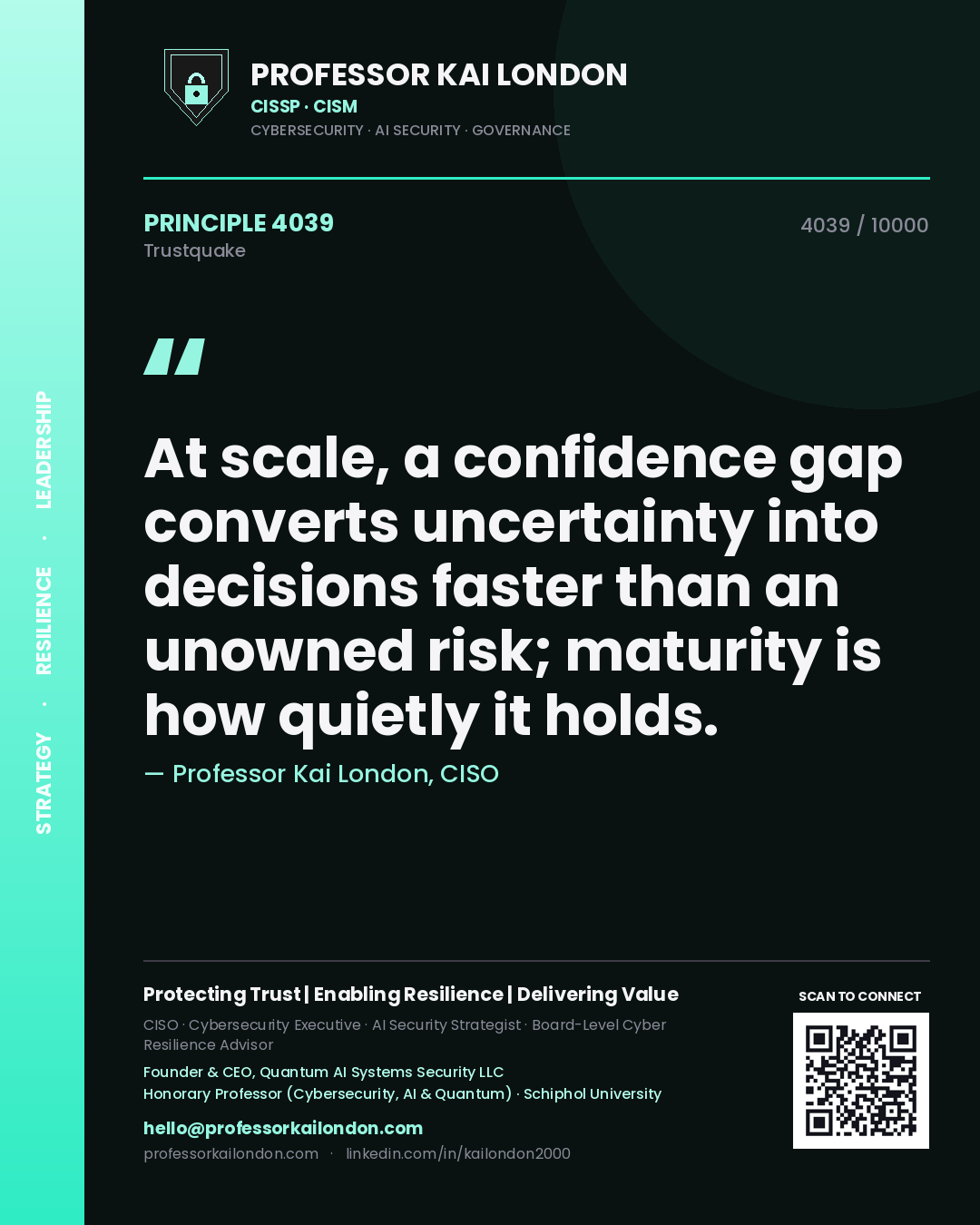 Quote card by Professor Kai London reading 'At scale, a confidence gap converts uncertainty into decisions faster than an unowned risk; maturity is how quietly it holds.'. From the book Trustquake.