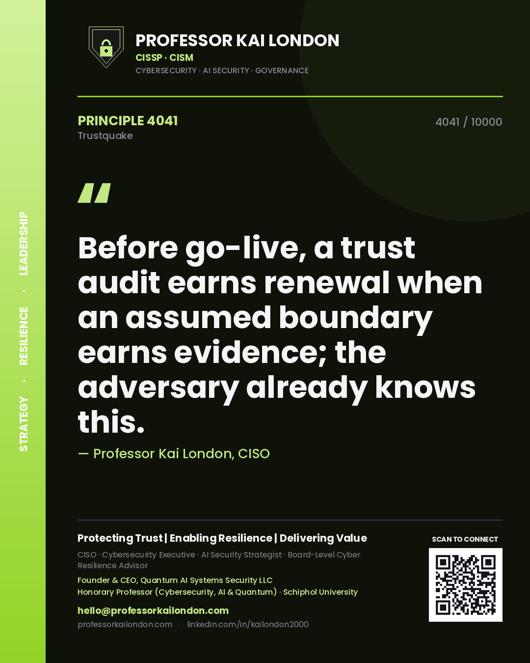 Quote card by Professor Kai London reading 'Before go-live, a trust audit earns renewal when an assumed boundary earns evidence; the adversary already knows this.'. From the book Trustquake.