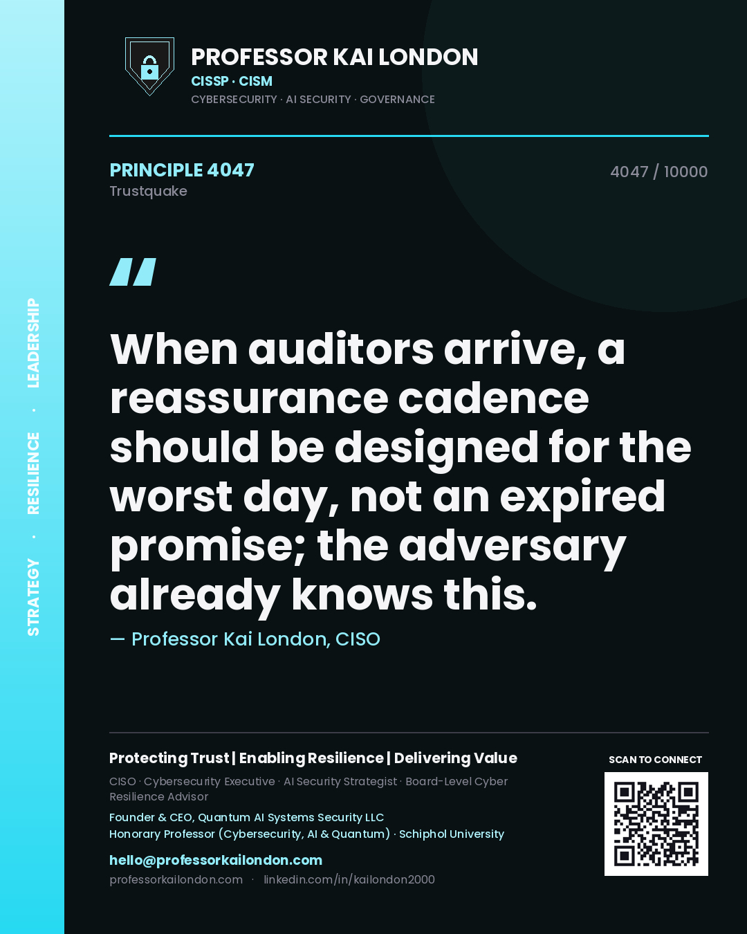 Professor Kai London principle 4047: When auditors arrive, a reassurance cadence should be designed for the worst day, not an expired promise; the adversary already knows this.