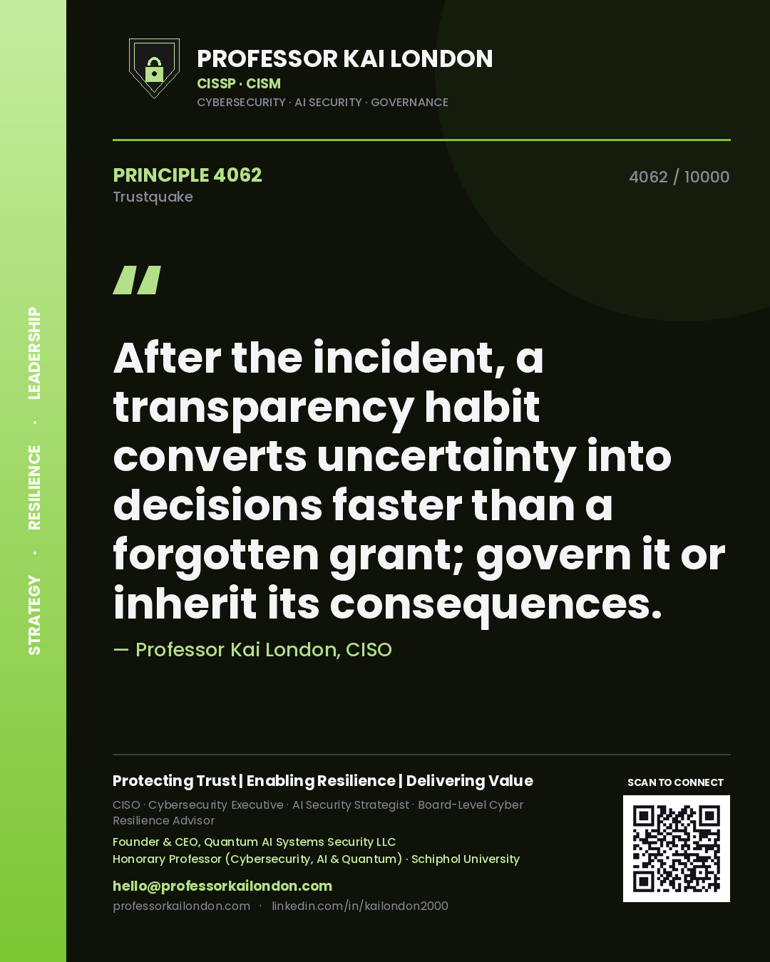 Quote card by Professor Kai London reading 'After the incident, a transparency habit converts uncertainty into decisions faster than a forgotten grant; govern it or inherit its consequences.'. From the book Trustquake.