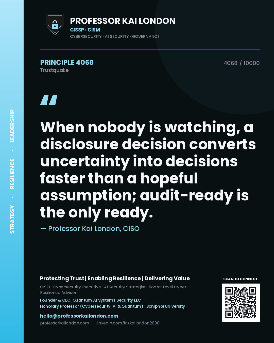 Quote card by Professor Kai London reading 'When nobody is watching, a disclosure decision converts uncertainty into decisions faster than a hopeful assumption; audit-ready is the only ready.'. From the book Trustquake.
