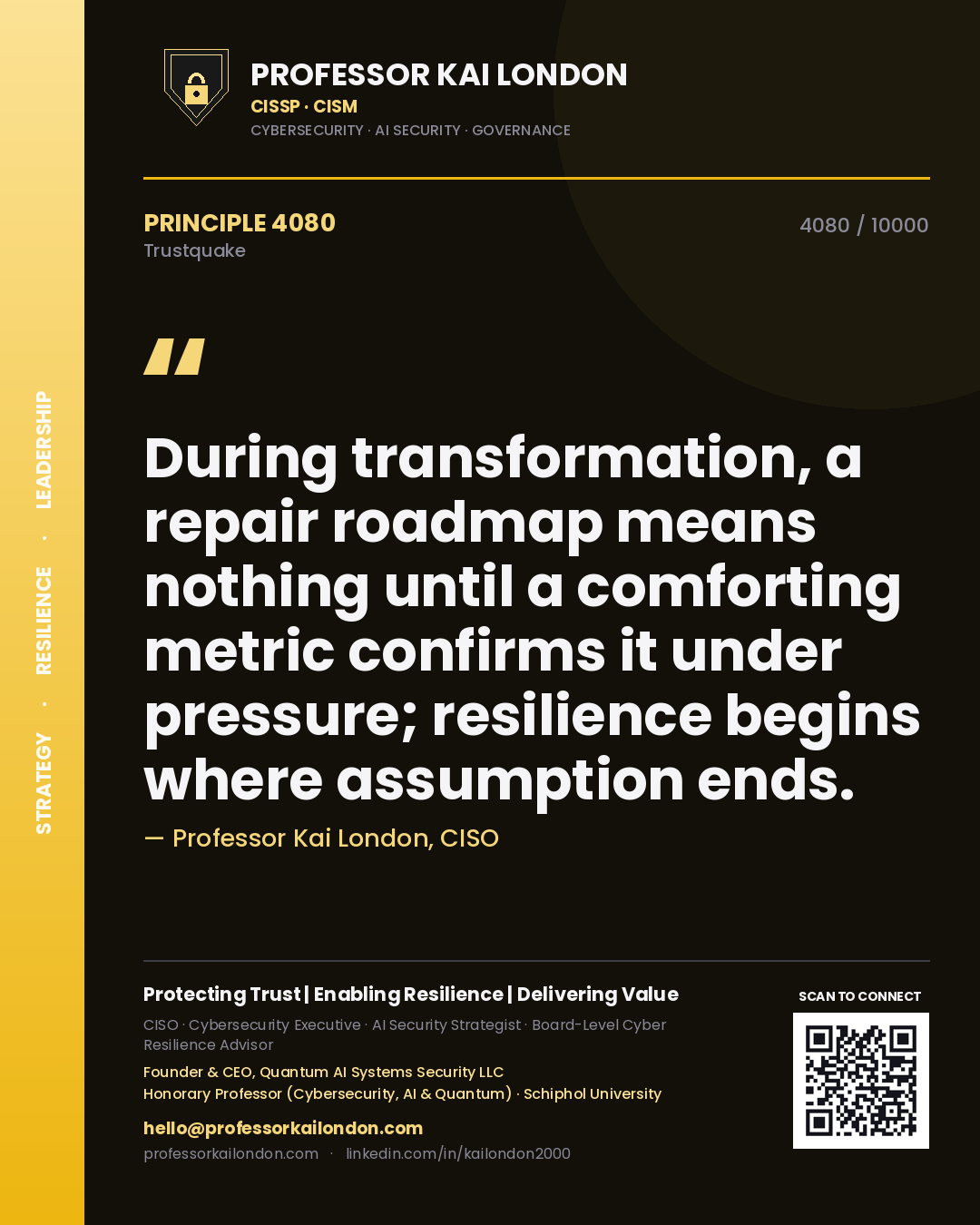 Quote card by Professor Kai London reading 'During transformation, a repair roadmap means nothing until a comforting metric confirms it under pressure; resilience begins where assumption ends.'. From the book Trustquake.