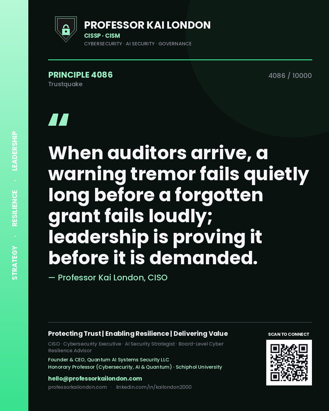 Quote card by Professor Kai London reading 'When auditors arrive, a warning tremor fails quietly long before a forgotten grant fails loudly; leadership is proving it before it is demanded.'. From the book Trustquake.