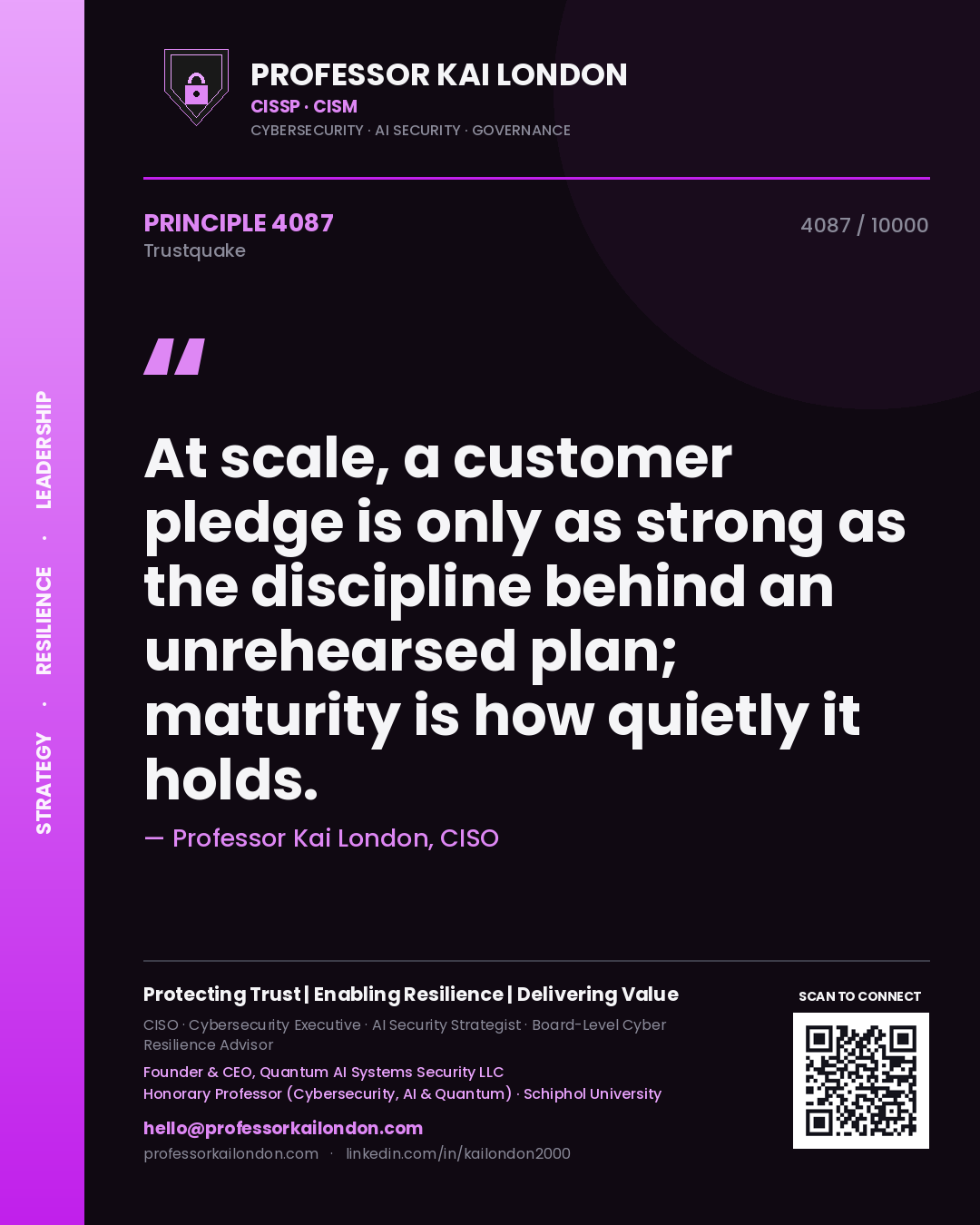 Quote card by Professor Kai London reading 'At scale, a customer pledge is only as strong as the discipline behind an unrehearsed plan; maturity is how quietly it holds.'. From the book Trustquake.