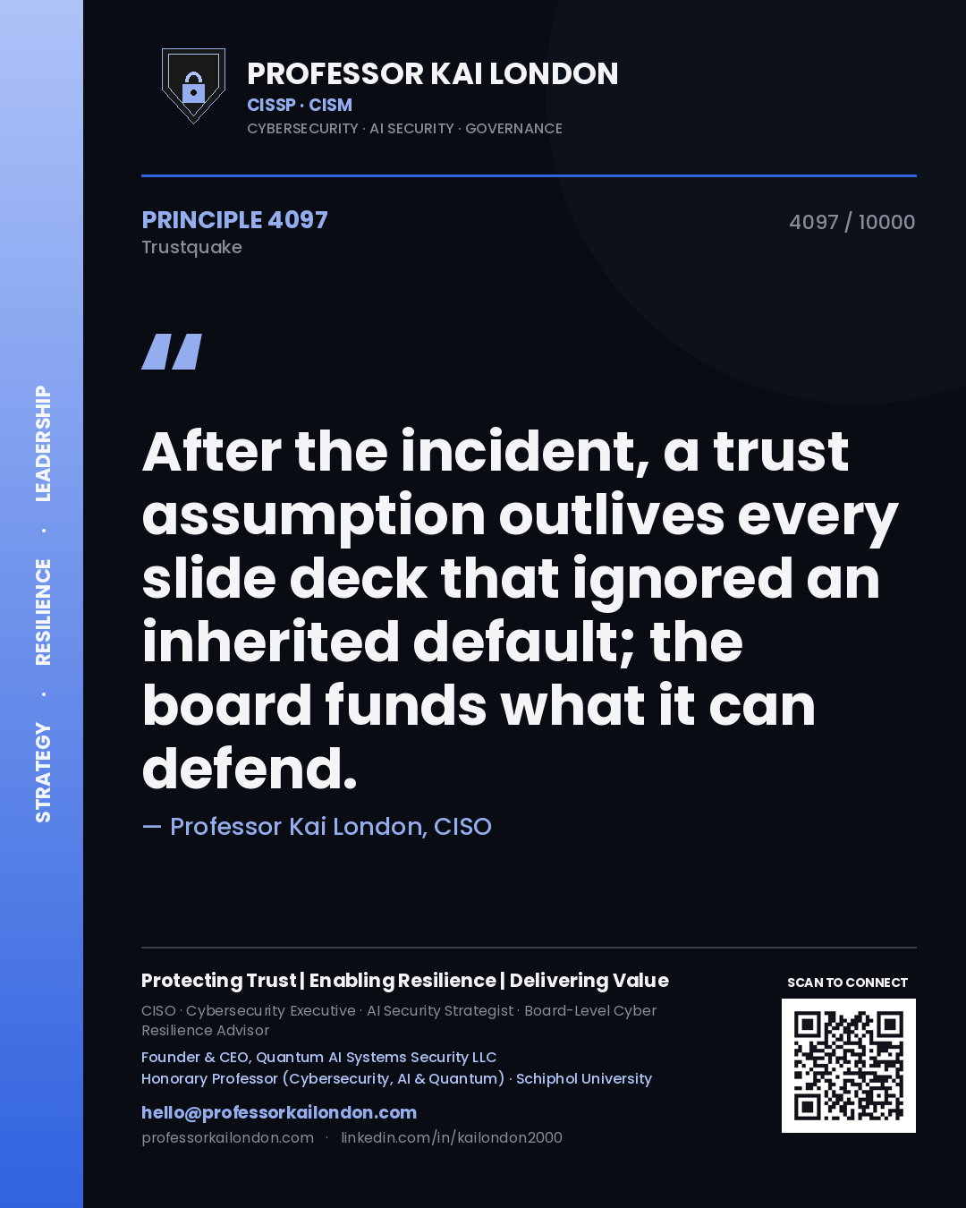 Professor Kai London principle 4097: After the incident, a trust assumption outlives every slide deck that ignored an inherited default; the board funds what it can defend.