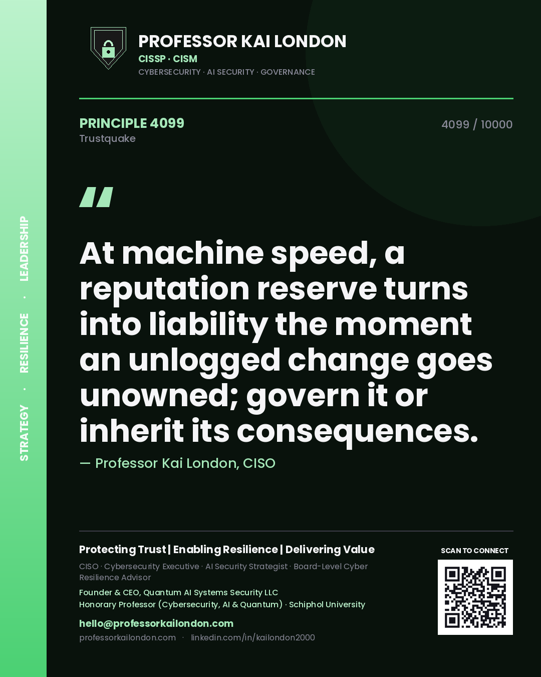 Quote card by Professor Kai London reading 'At machine speed, a reputation reserve turns into liability the moment an unlogged change goes unowned; govern it or inherit its consequences.'. From the book Trustquake.