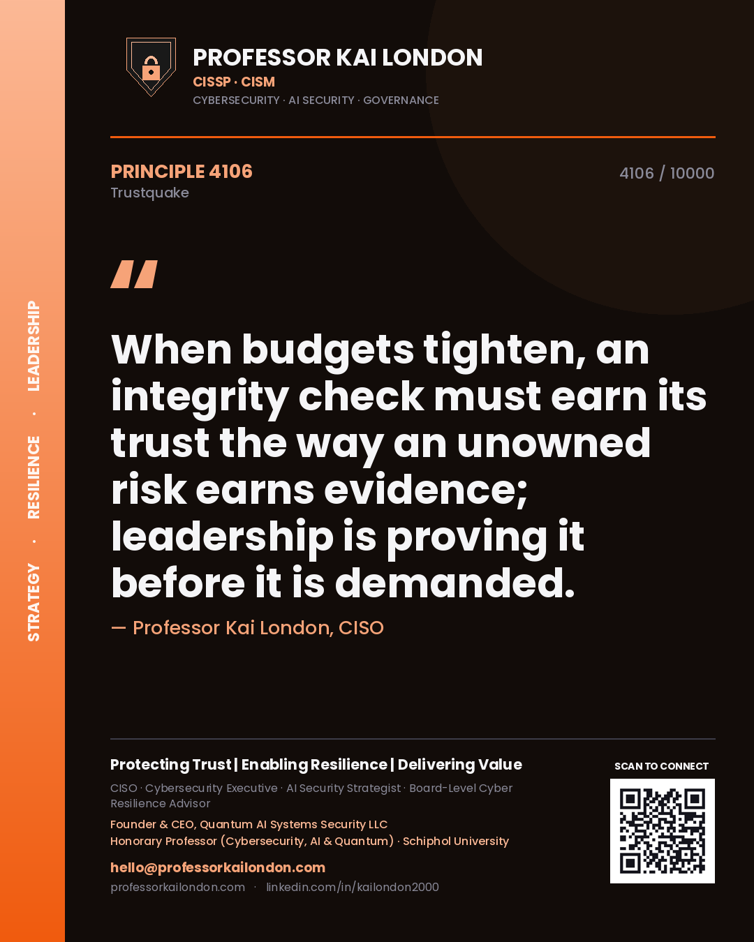 Professor Kai London principle 4106: When budgets tighten, an integrity check must earn its trust the way an unowned risk earns evidence; leadership is proving it before it is demanded.