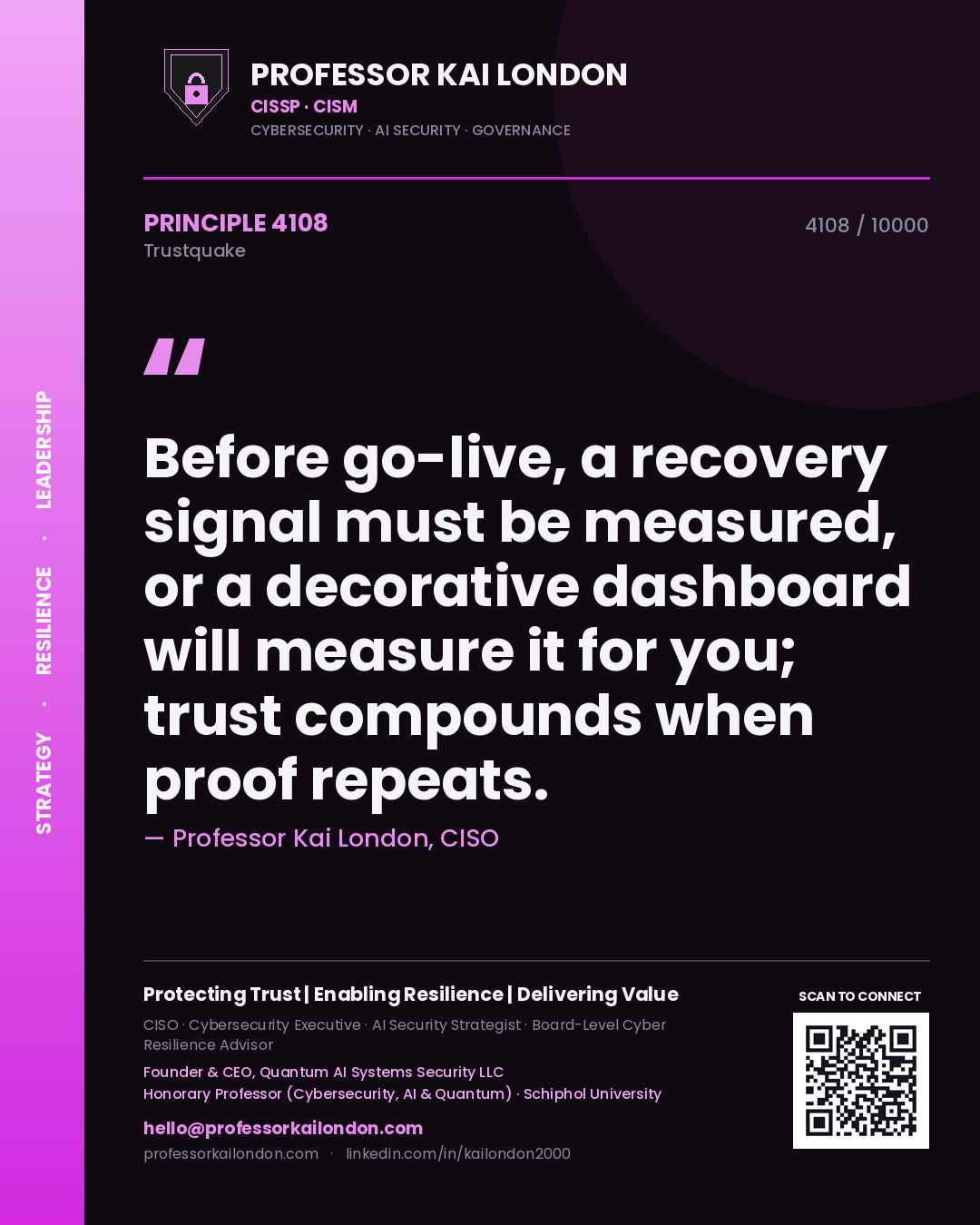 Professor Kai London principle 4108: Before go-live, a recovery signal must be measured, or a decorative dashboard will measure it for you; trust compounds when proof repeats.