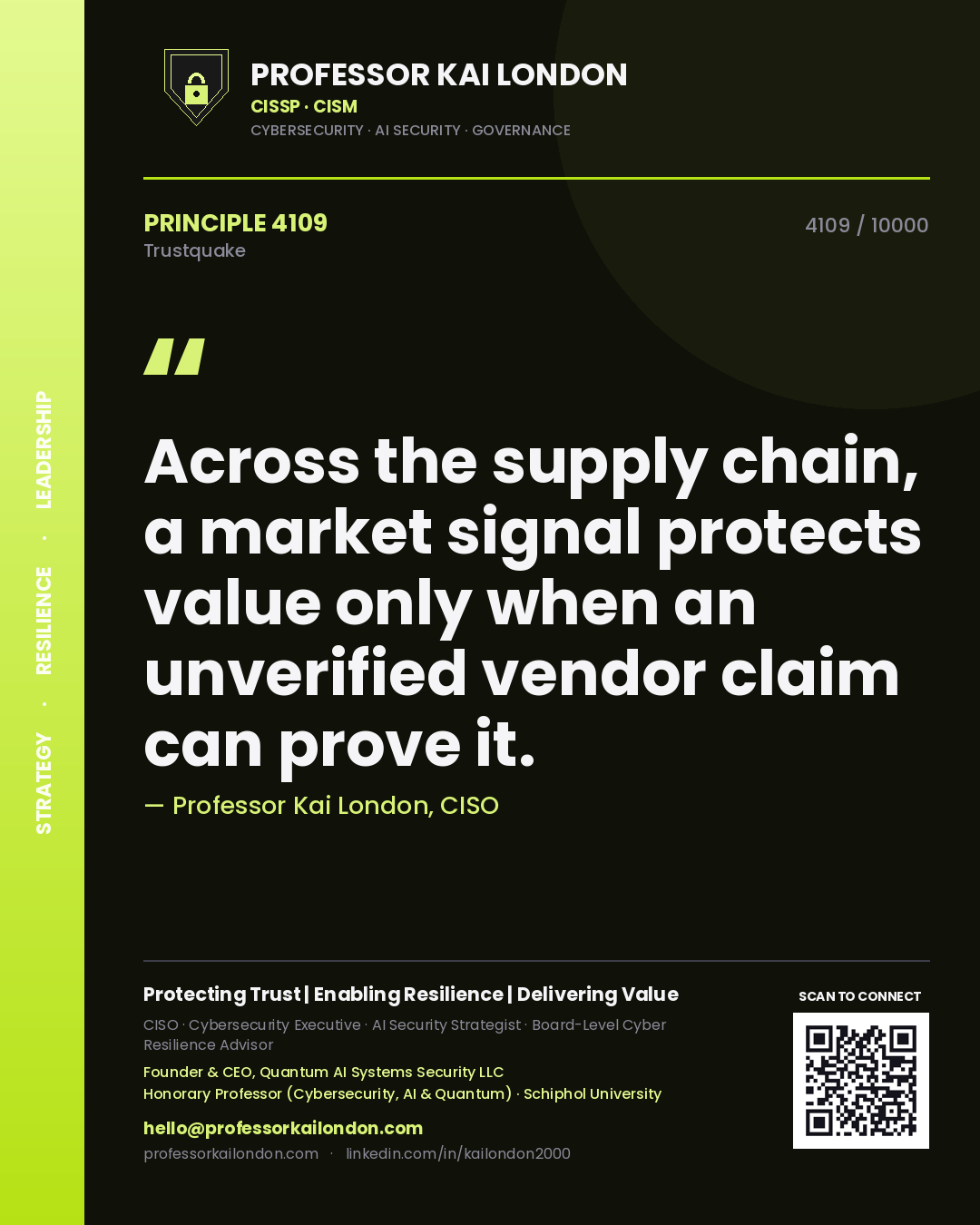 Professor Kai London principle 4109: Across the supply chain, a market signal protects value only when an unverified vendor claim can prove it.