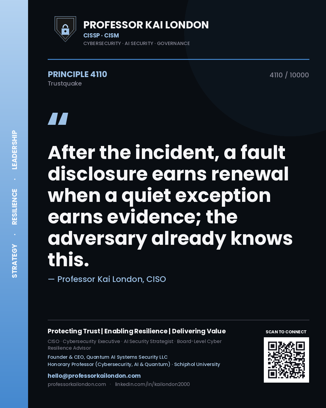 Professor Kai London principle 4110: After the incident, a fault disclosure earns renewal when a quiet exception earns evidence; the adversary already knows this.