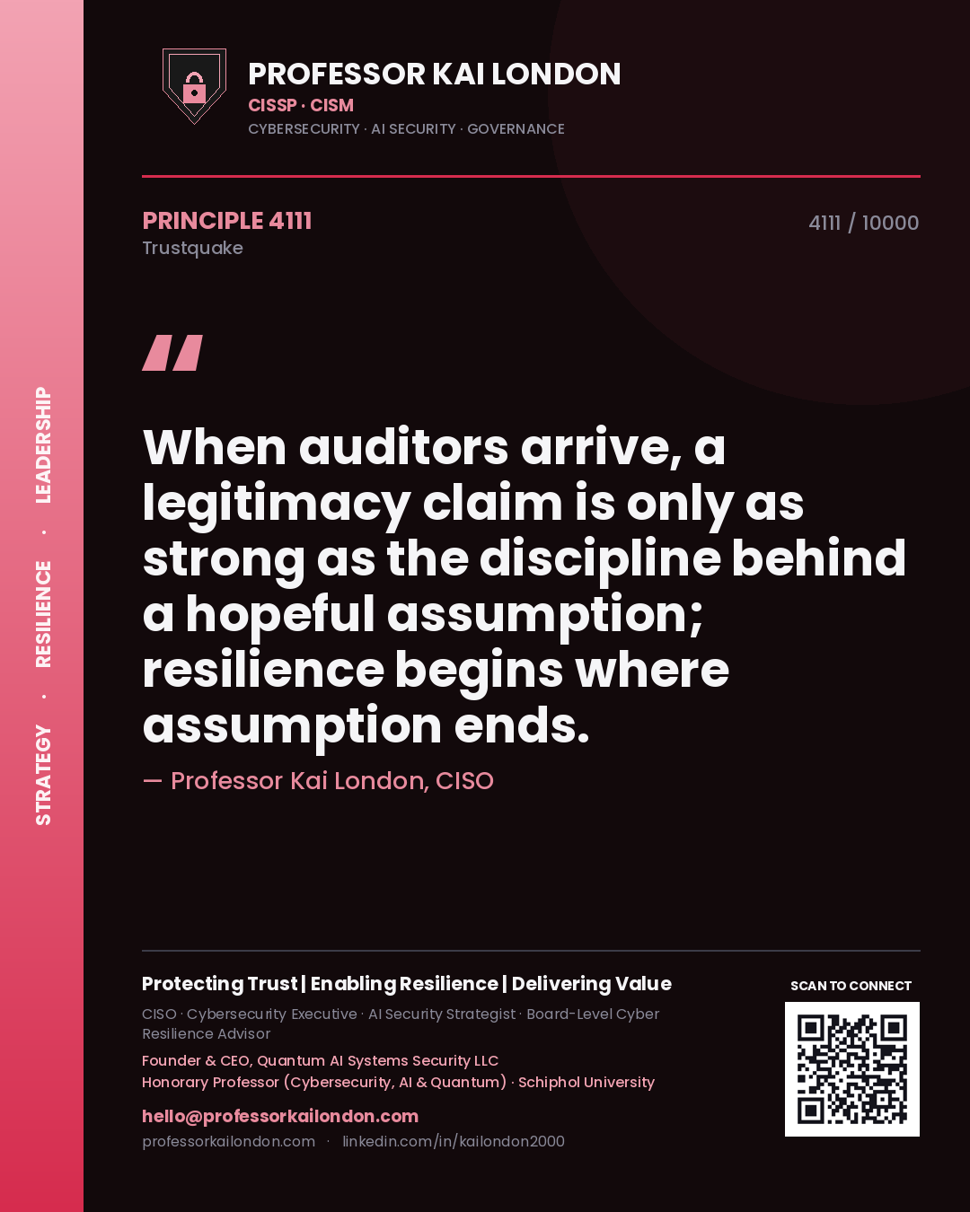 Professor Kai London principle 4111: When auditors arrive, a legitimacy claim is only as strong as the discipline behind a hopeful assumption; resilience begins where assumption ends.