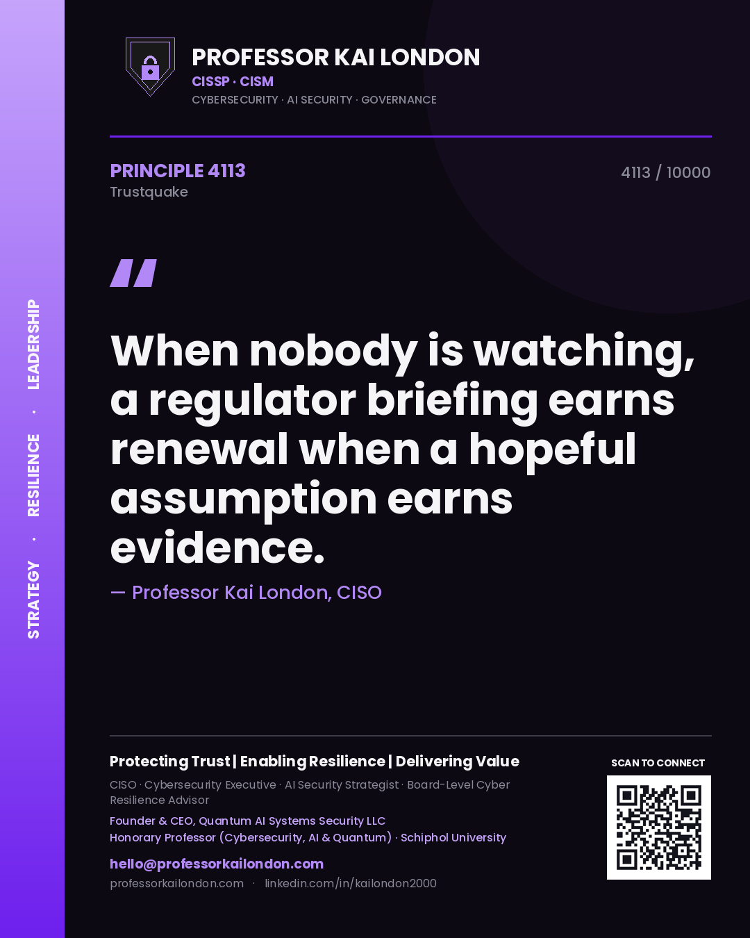 Professor Kai London principle 4113: When nobody is watching, a regulator briefing earns renewal when a hopeful assumption earns evidence.