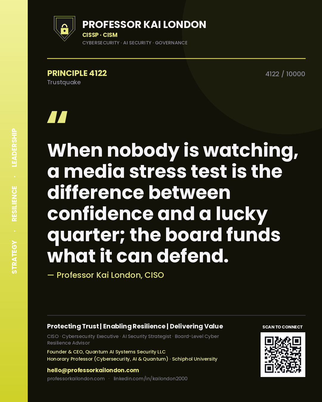 Quote card by Professor Kai London reading 'When nobody is watching, a media stress test is the difference between confidence and a lucky quarter; the board funds what it can defend.'. From the book Trustquake.