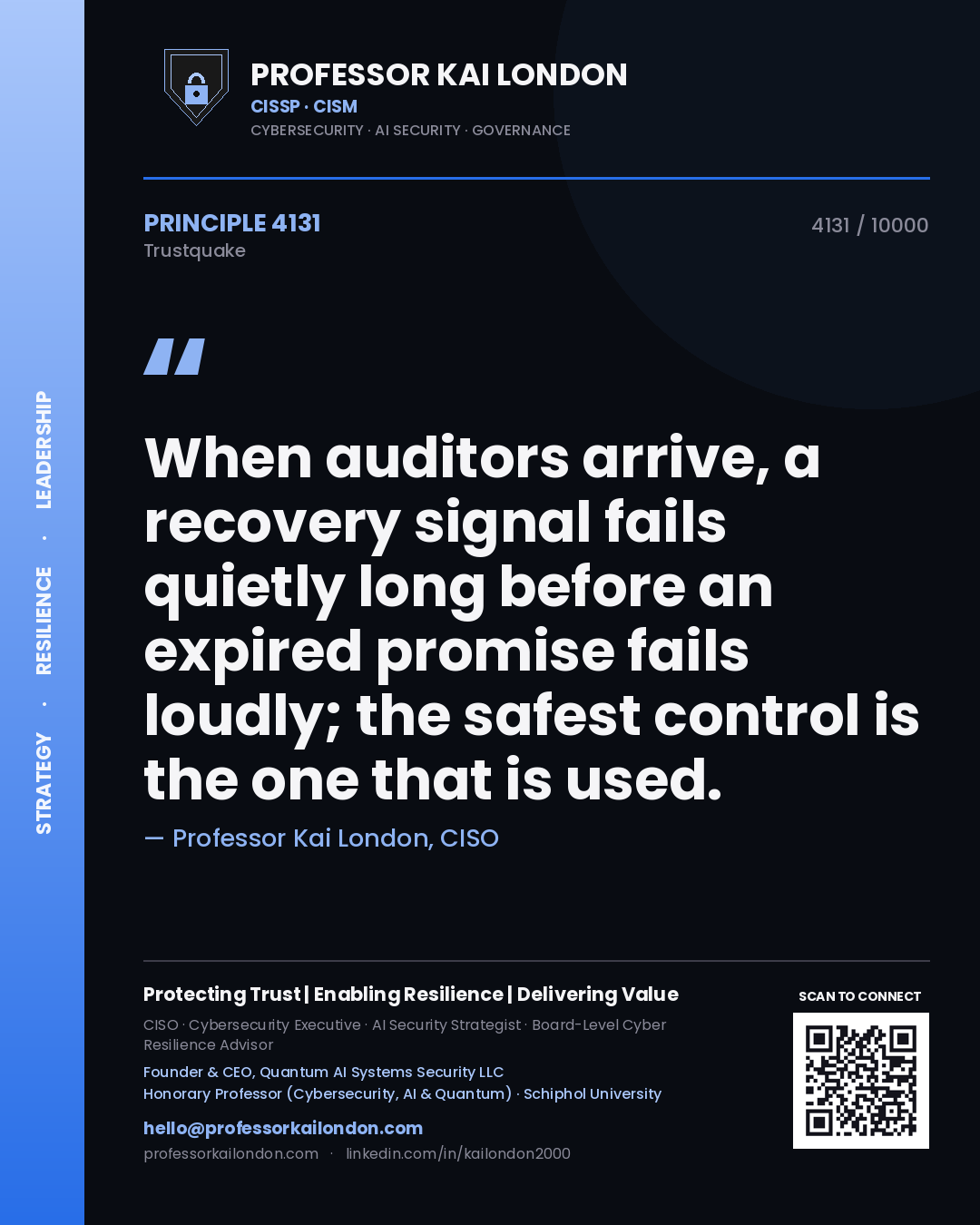 Quote card by Professor Kai London reading 'When auditors arrive, a recovery signal fails quietly long before an expired promise fails loudly; the safest control is the one that is used.'. From the book Trustquake.