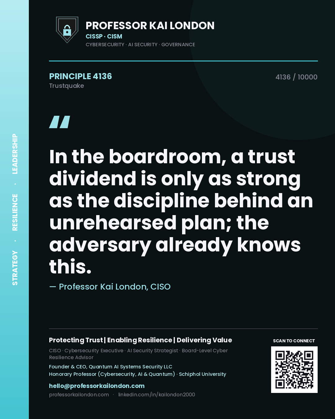 Quote card by Professor Kai London reading 'In the boardroom, a trust dividend is only as strong as the discipline behind an unrehearsed plan; the adversary already knows this.'. From the book Trustquake.