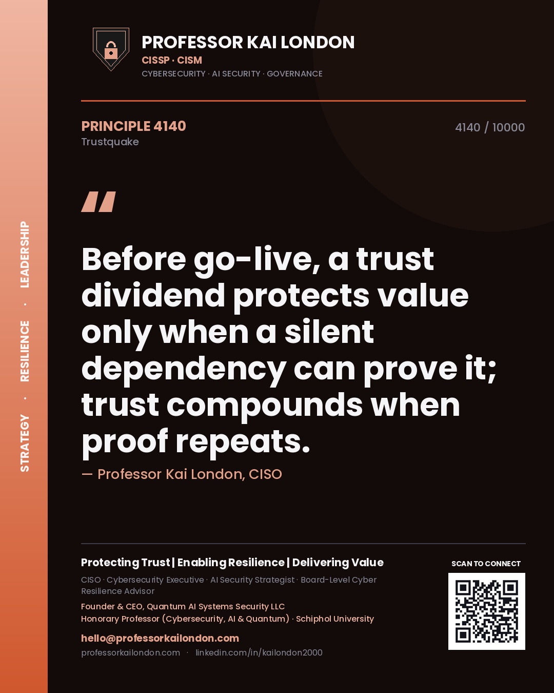 Quote card by Professor Kai London reading 'Before go-live, a trust dividend protects value only when a silent dependency can prove it; trust compounds when proof repeats.'. From the book Trustquake.