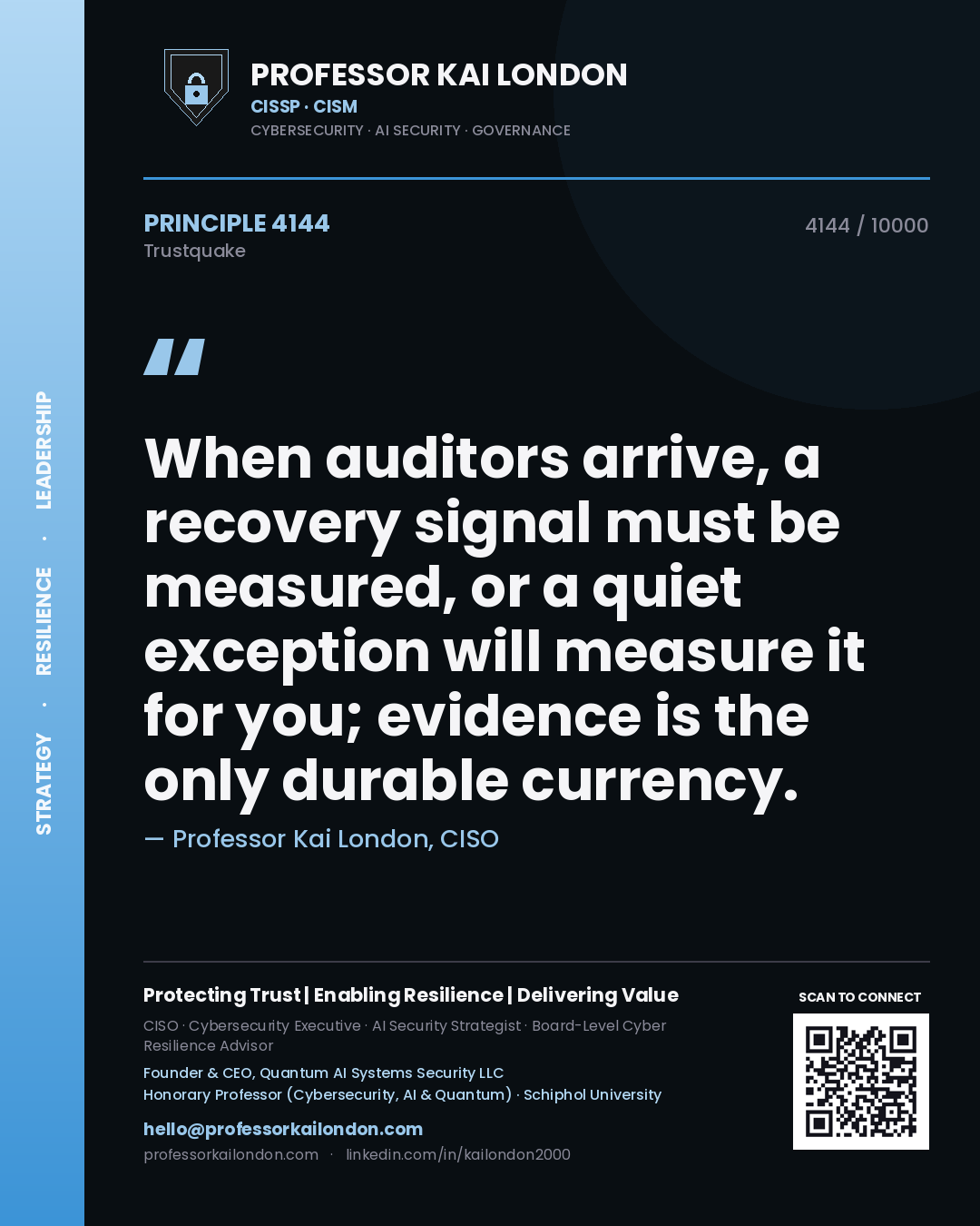 Professor Kai London principle 4144: When auditors arrive, a recovery signal must be measured, or a quiet exception will measure it for you; evidence is the only durable currency.