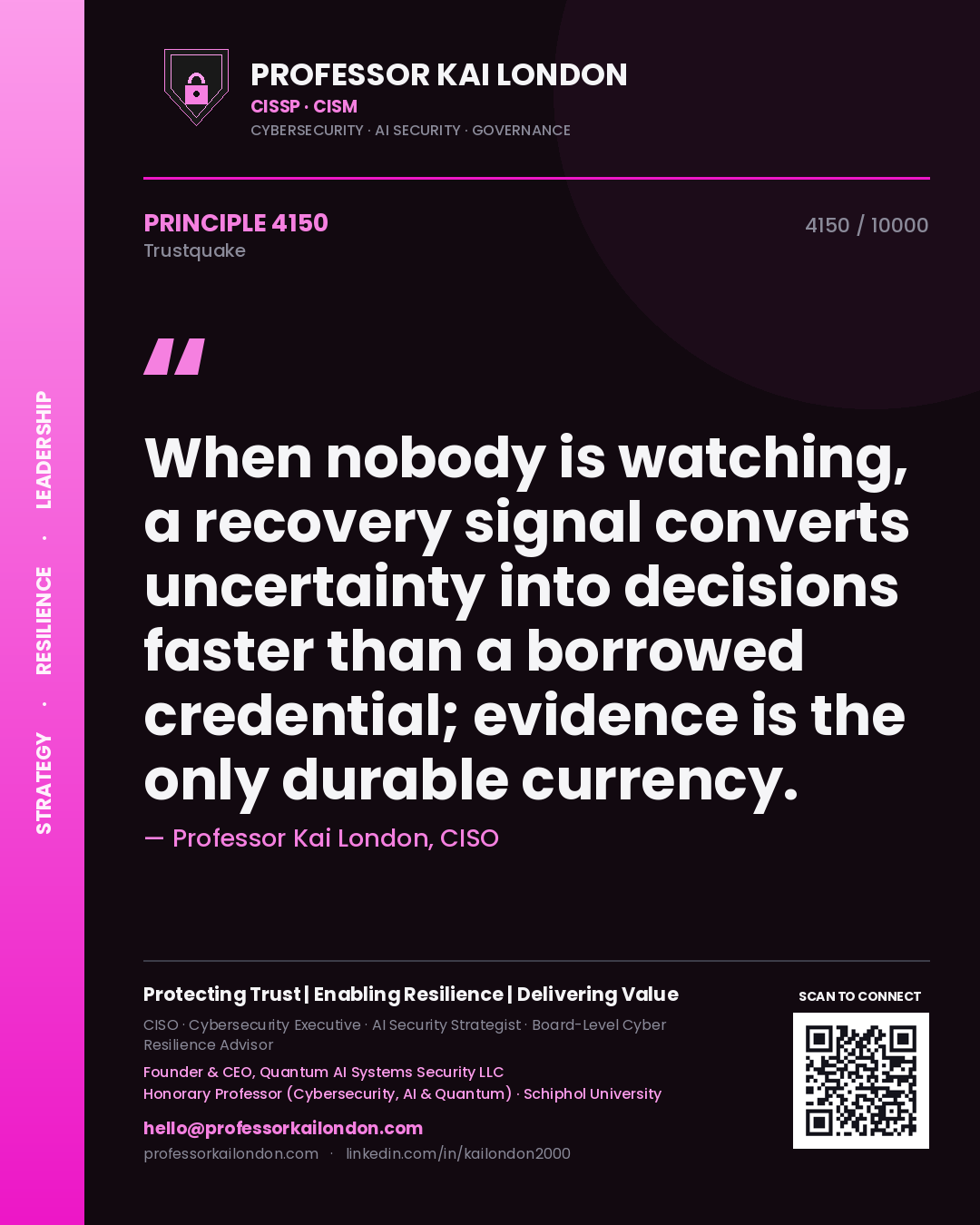 Quote card by Professor Kai London reading 'When nobody is watching, a recovery signal converts uncertainty into decisions faster than a borrowed credential; evidence is the only durable currency.'. From the book Trustquake.