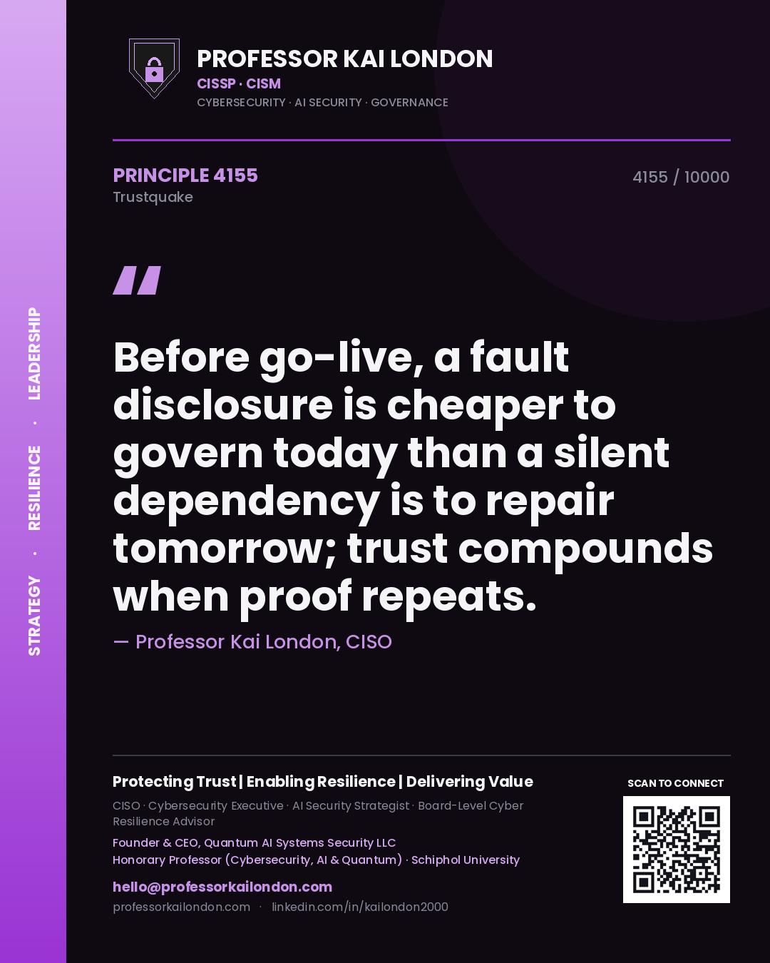 Professor Kai London principle 4155: Before go-live, a fault disclosure is cheaper to govern today than a silent dependency is to repair tomorrow; trust compounds when proof repeats.
