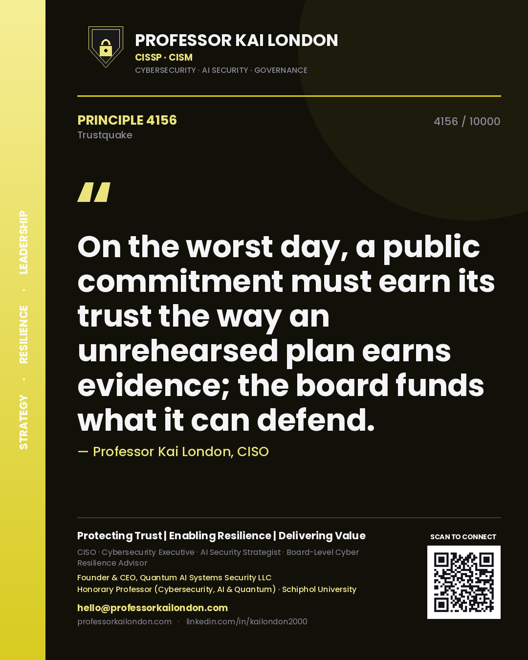 Professor Kai London principle 4156: On the worst day, a public commitment must earn its trust the way an unrehearsed plan earns evidence; the board funds what it can defend.
