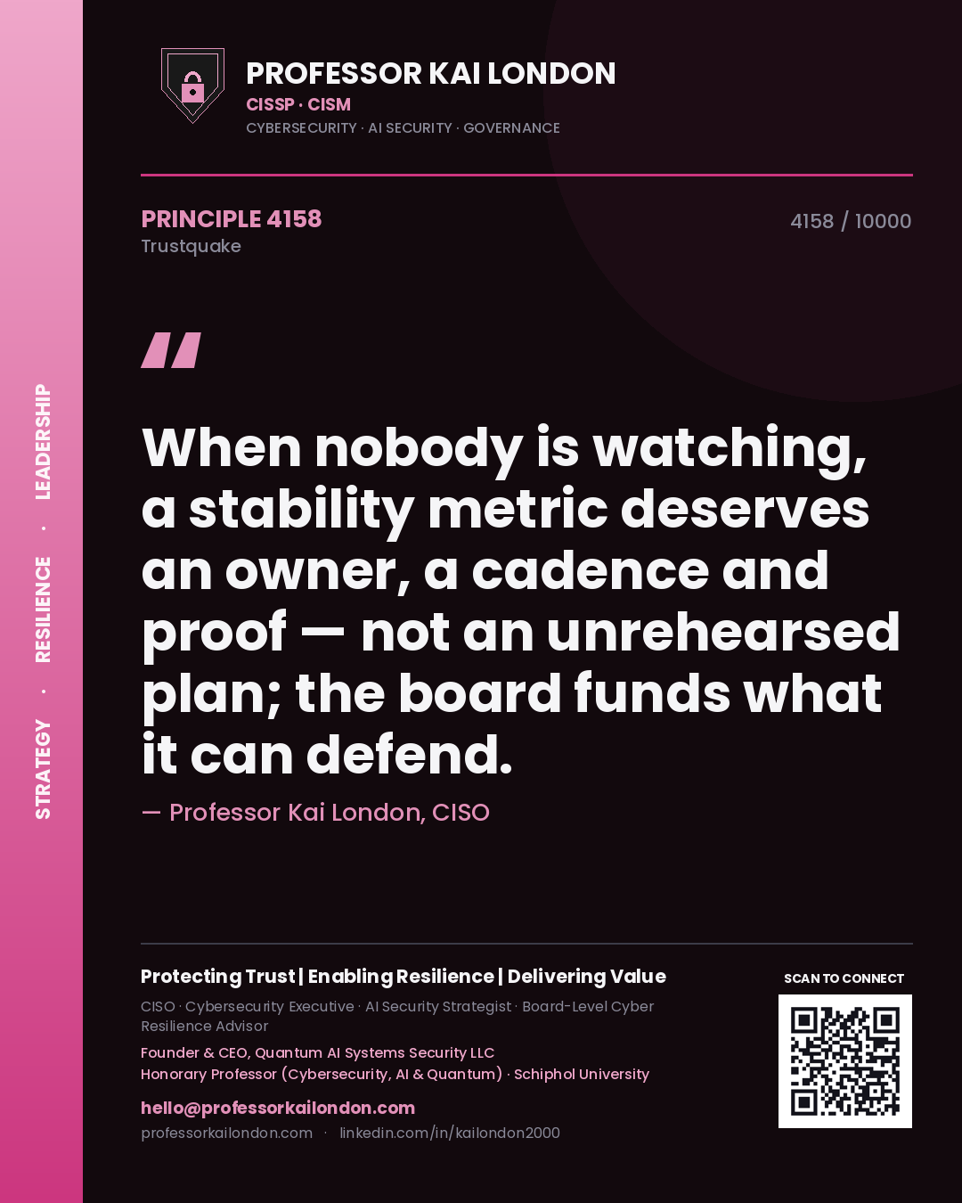 Professor Kai London principle 4158: When nobody is watching, a stability metric deserves an owner, a cadence and proof — not an unrehearsed plan; the board funds what it can defend.