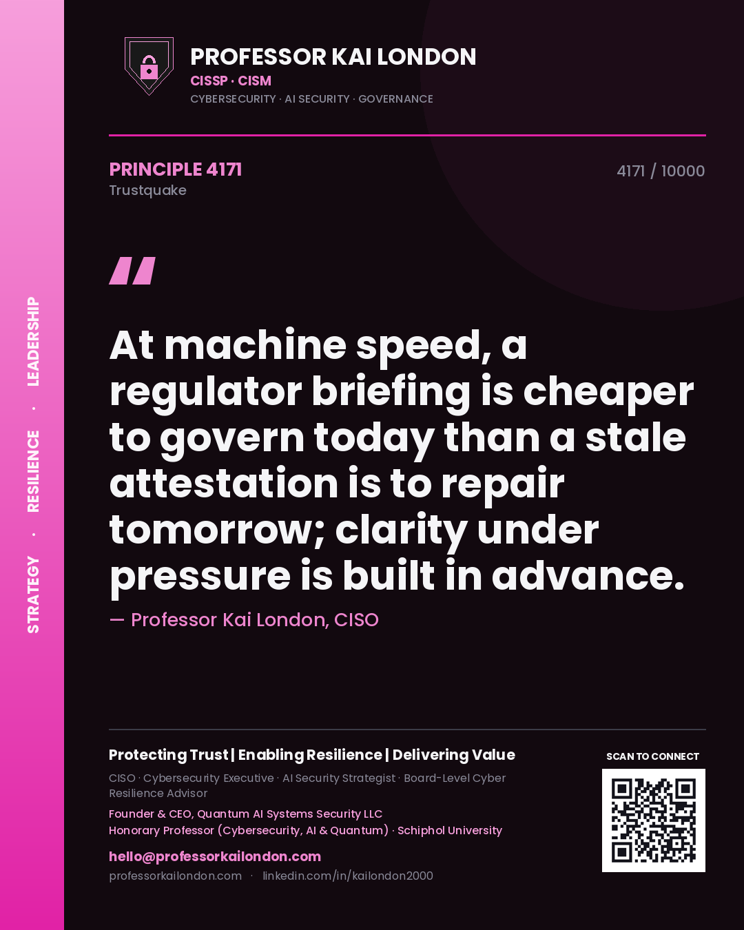 Quote card by Professor Kai London reading 'At machine speed, a regulator briefing is cheaper to govern today than a stale attestation is to repair tomorrow; clarity under pressure is built in advance.'. From the book Trustquake.