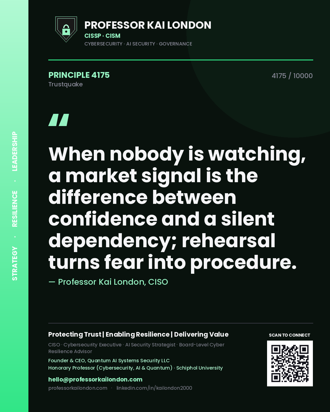 Quote card by Professor Kai London reading 'When nobody is watching, a market signal is the difference between confidence and a silent dependency; rehearsal turns fear into procedure.'. From the book Trustquake.