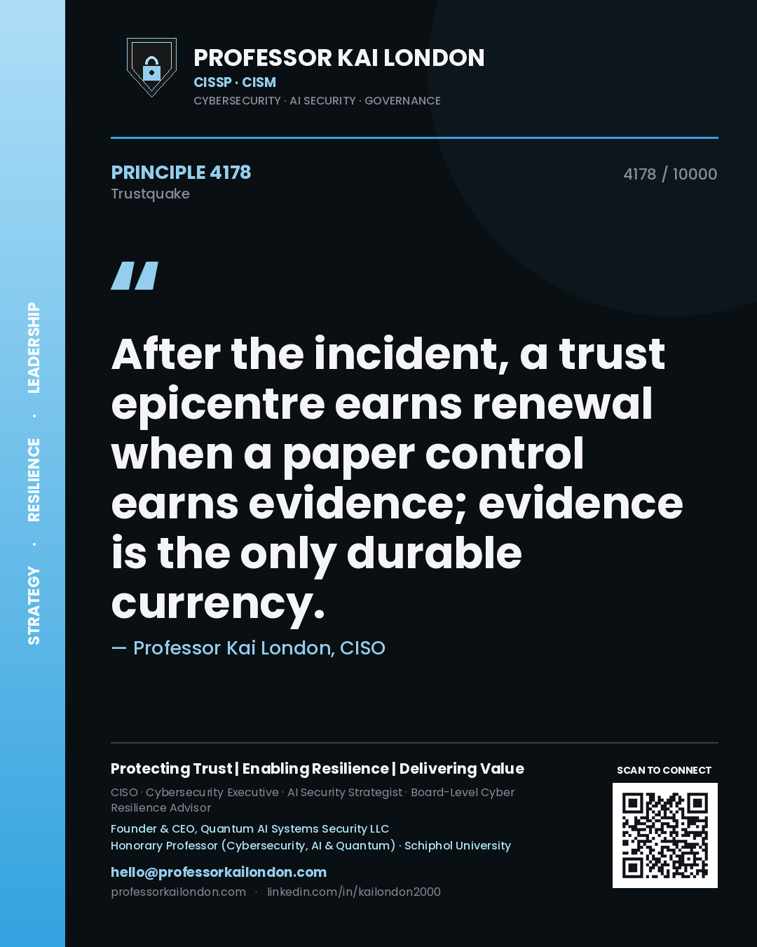 Quote card by Professor Kai London reading 'After the incident, a trust epicentre earns renewal when a paper control earns evidence; evidence is the only durable currency.'. From the book Trustquake.