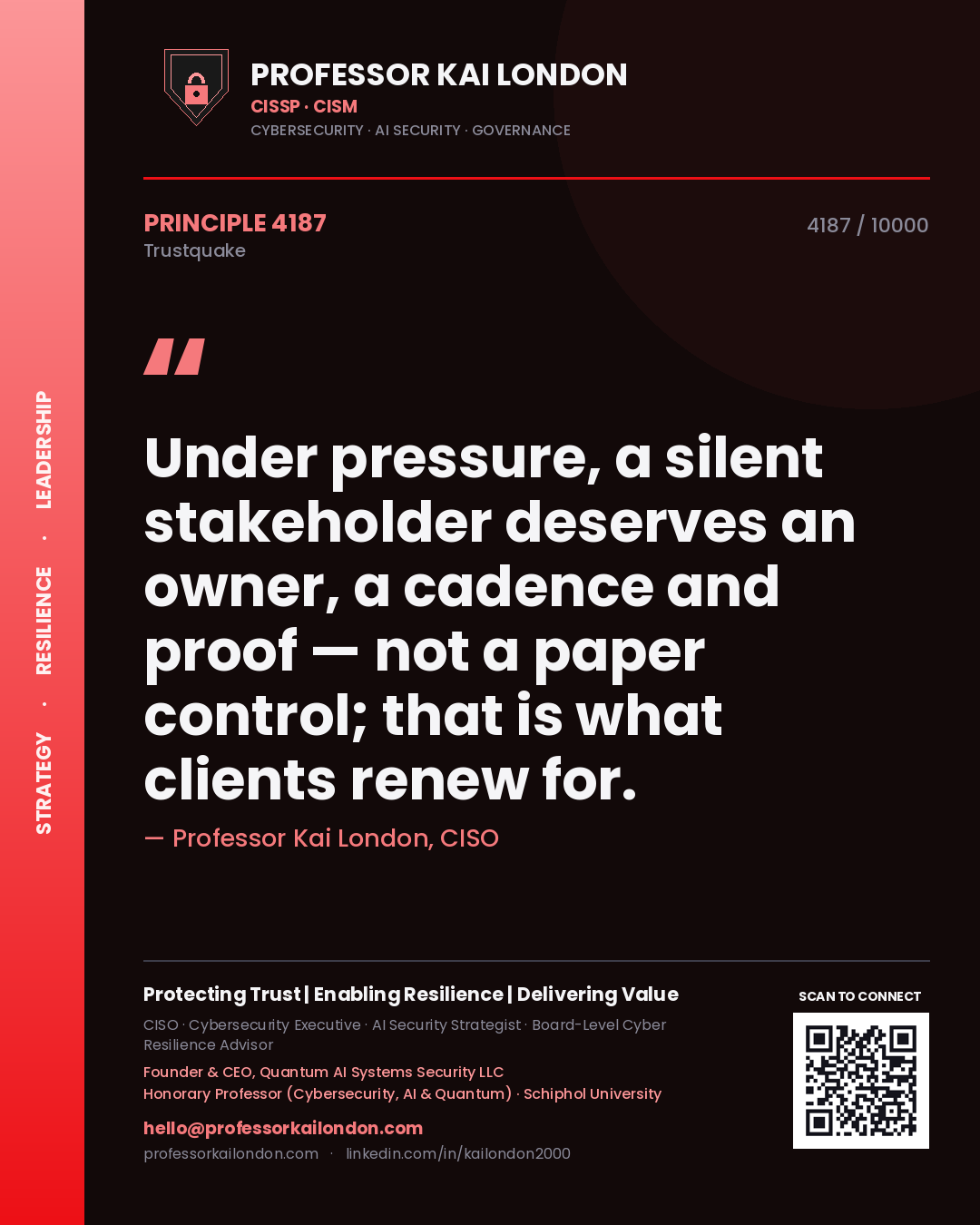 Professor Kai London principle 4187: Under pressure, a silent stakeholder deserves an owner, a cadence and proof — not a paper control; that is what clients renew for.