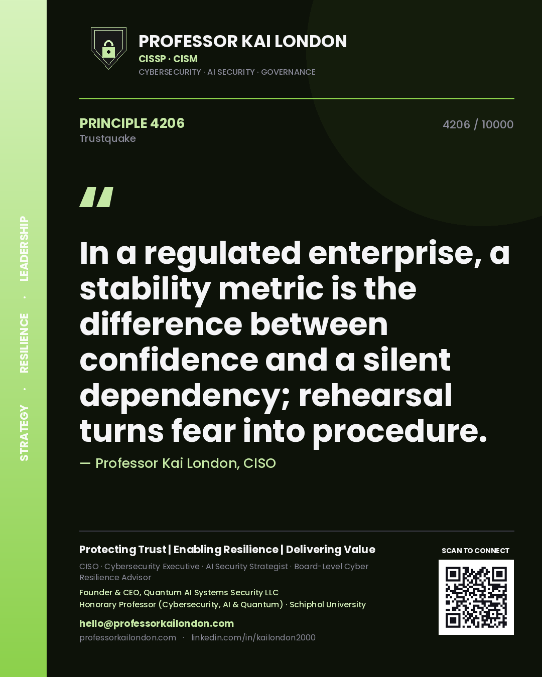 Quote card by Professor Kai London reading 'In a regulated enterprise, a stability metric is the difference between confidence and a silent dependency; rehearsal turns fear into procedure.'. From the book Trustquake.