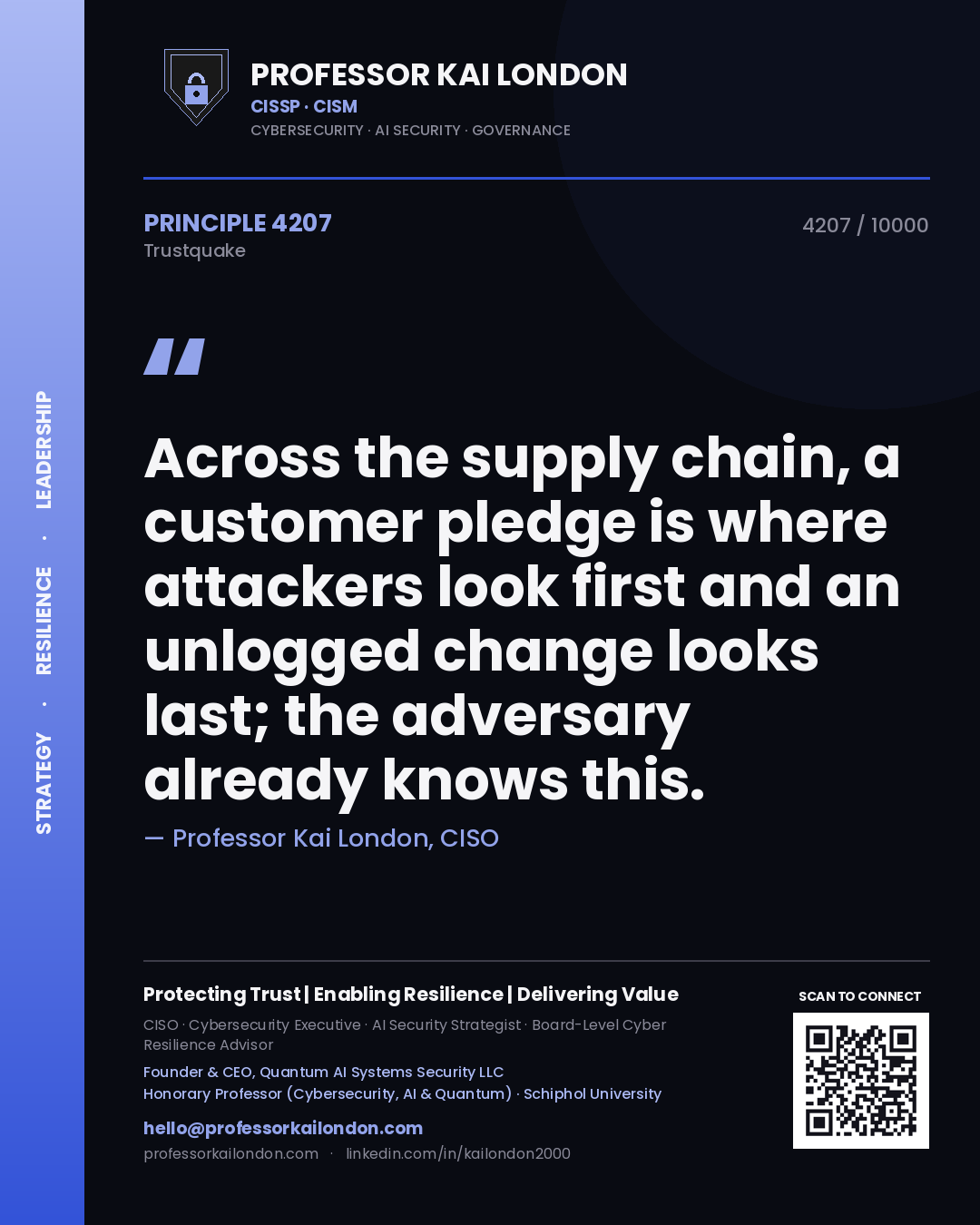 Professor Kai London principle 4207: Across the supply chain, a customer pledge is where attackers look first and an unlogged change looks last; the adversary already knows this.