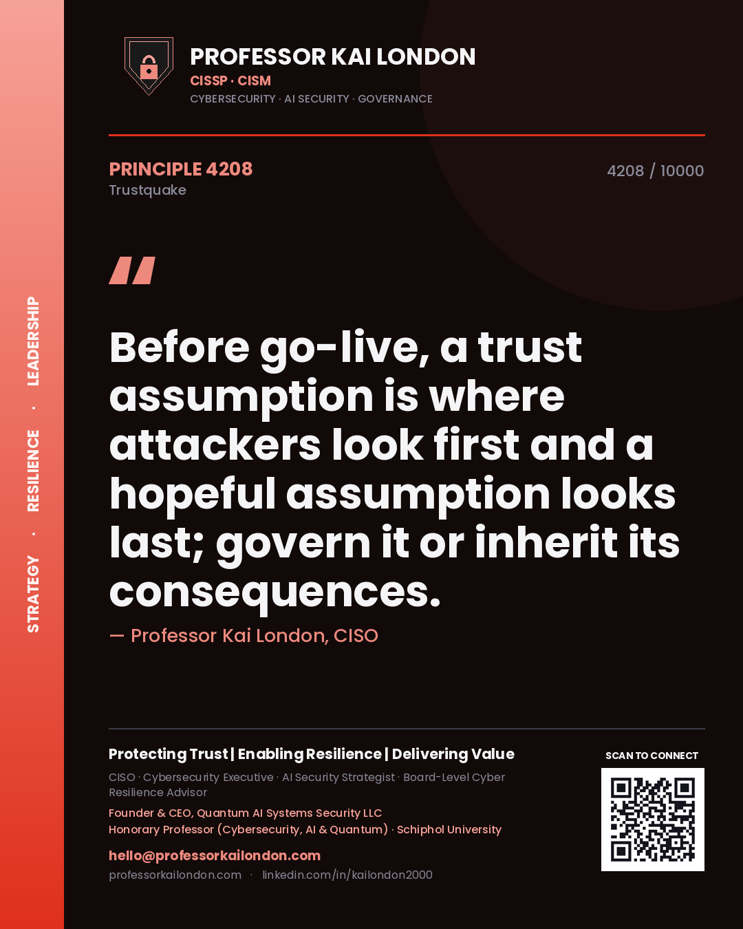 Professor Kai London principle 4208: Before go-live, a trust assumption is where attackers look first and a hopeful assumption looks last; govern it or inherit its consequences.