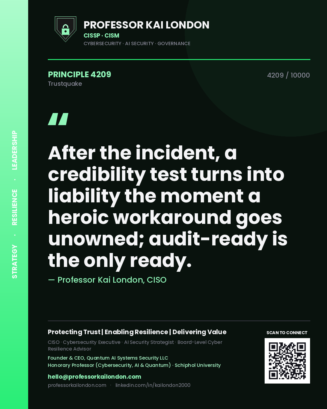 Quote card by Professor Kai London reading 'After the incident, a credibility test turns into liability the moment a heroic workaround goes unowned; audit-ready is the only ready.'. From the book Trustquake.