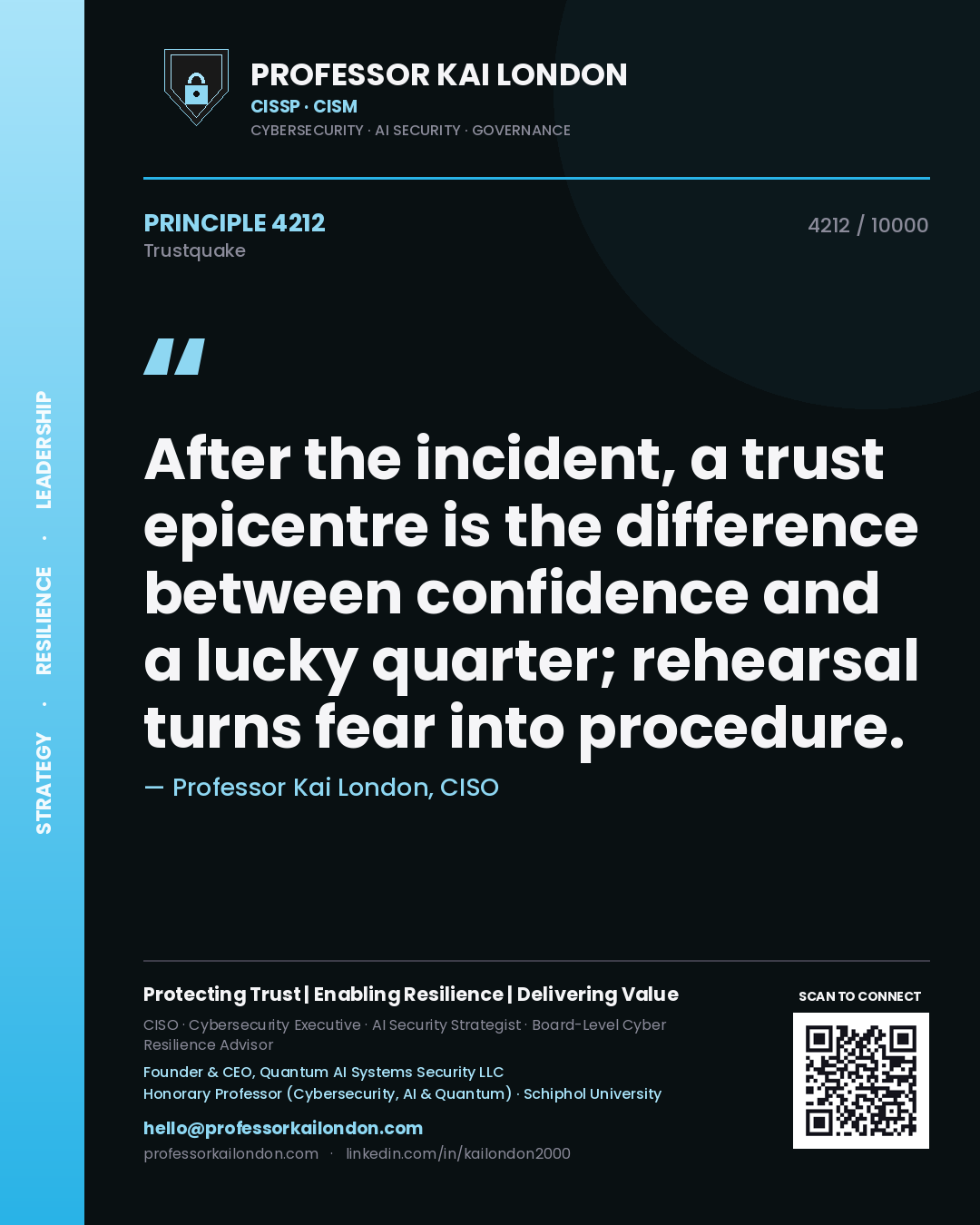 Professor Kai London principle 4212: After the incident, a trust epicentre is the difference between confidence and a lucky quarter; rehearsal turns fear into procedure.