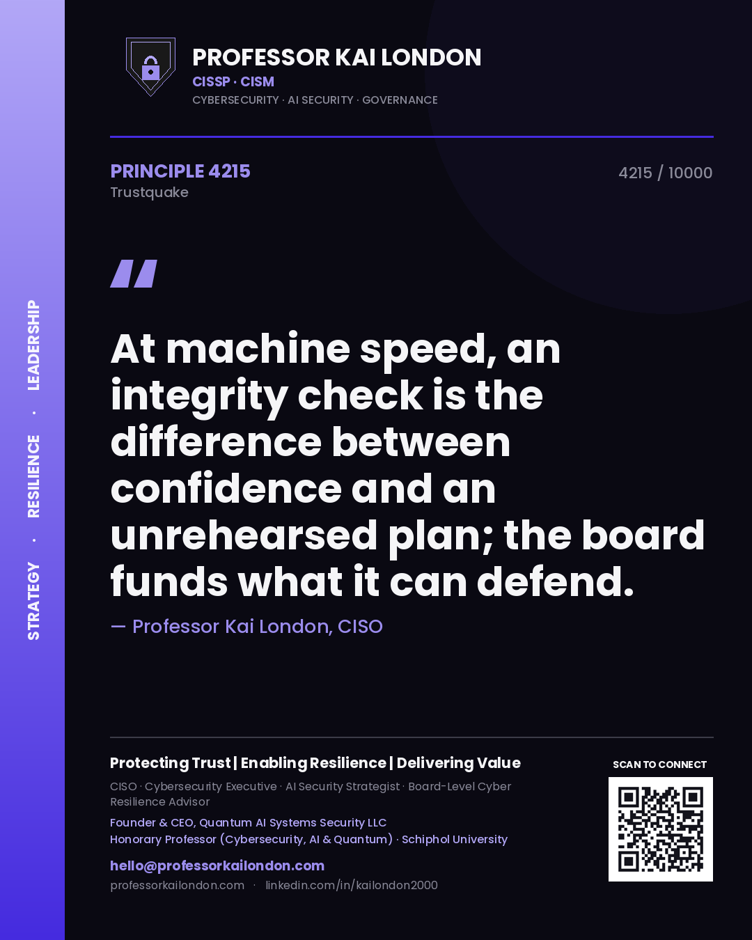 Professor Kai London principle 4215: At machine speed, an integrity check is the difference between confidence and an unrehearsed plan; the board funds what it can defend.