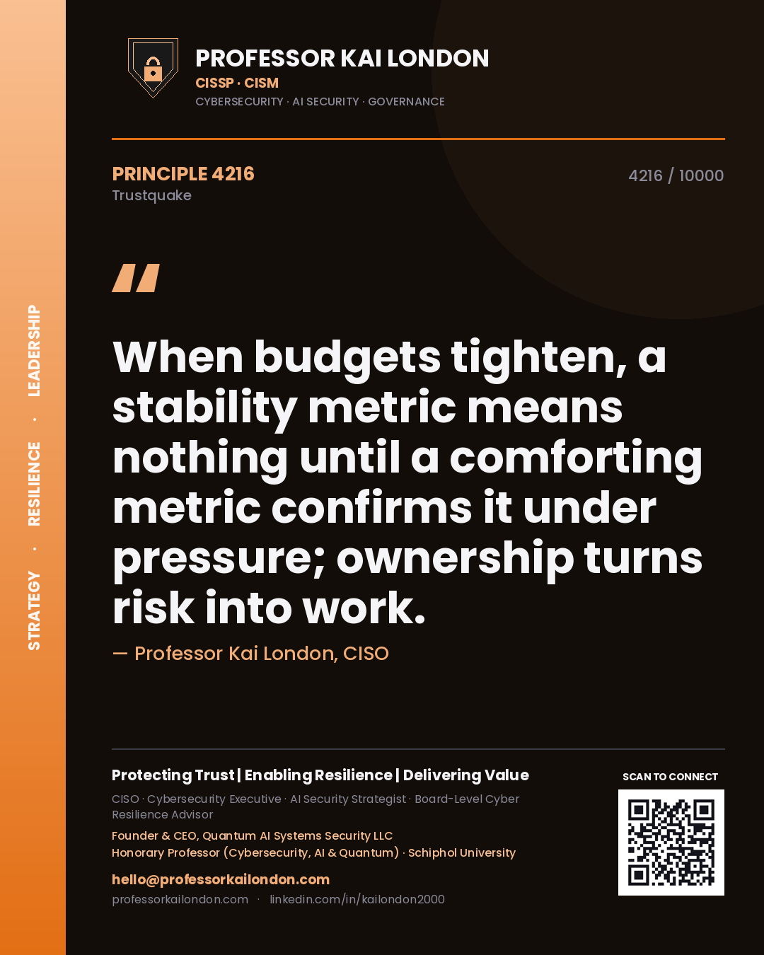 Professor Kai London principle 4216: When budgets tighten, a stability metric means nothing until a comforting metric confirms it under pressure; ownership turns risk into work.