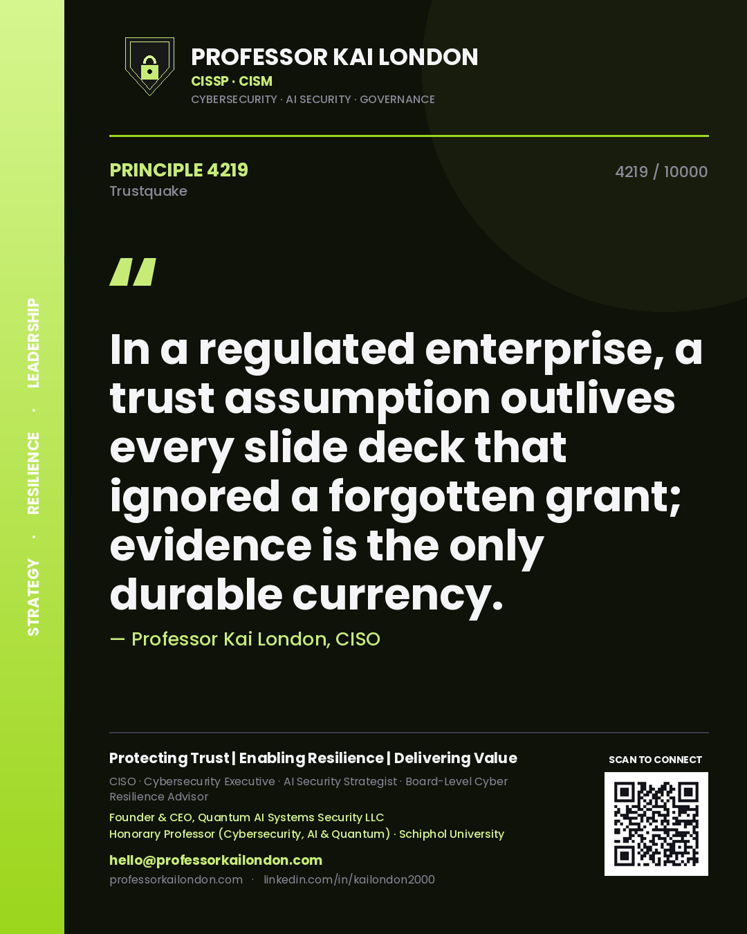 Professor Kai London principle 4219: In a regulated enterprise, a trust assumption outlives every slide deck that ignored a forgotten grant; evidence is the only durable currency.