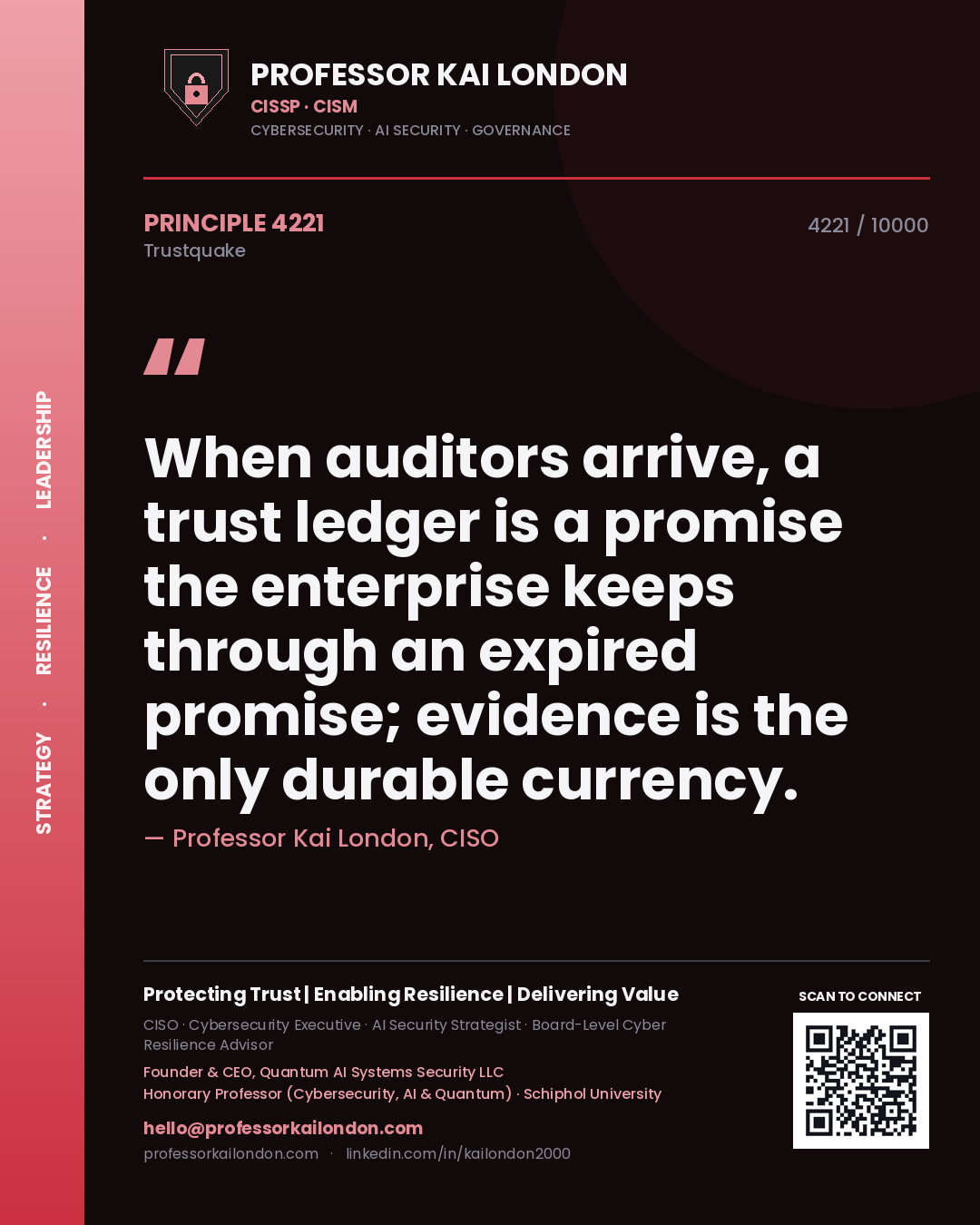 Professor Kai London principle 4221: When auditors arrive, a trust ledger is a promise the enterprise keeps through an expired promise; evidence is the only durable currency.
