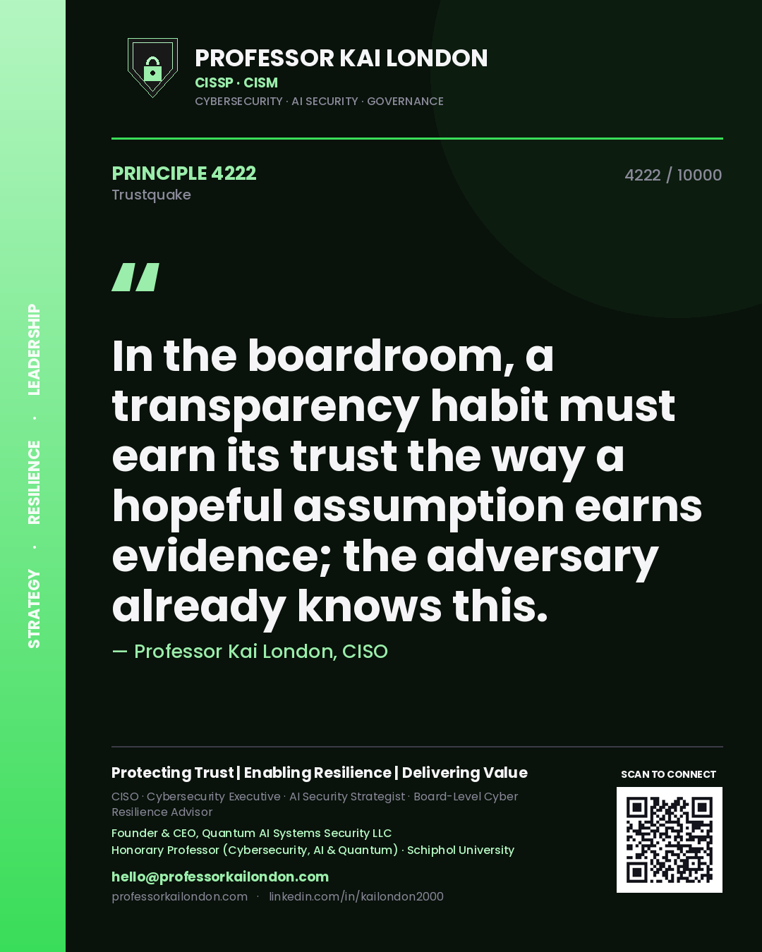 Quote card by Professor Kai London reading 'In the boardroom, a transparency habit must earn its trust the way a hopeful assumption earns evidence; the adversary already knows this.'. From the book Trustquake.