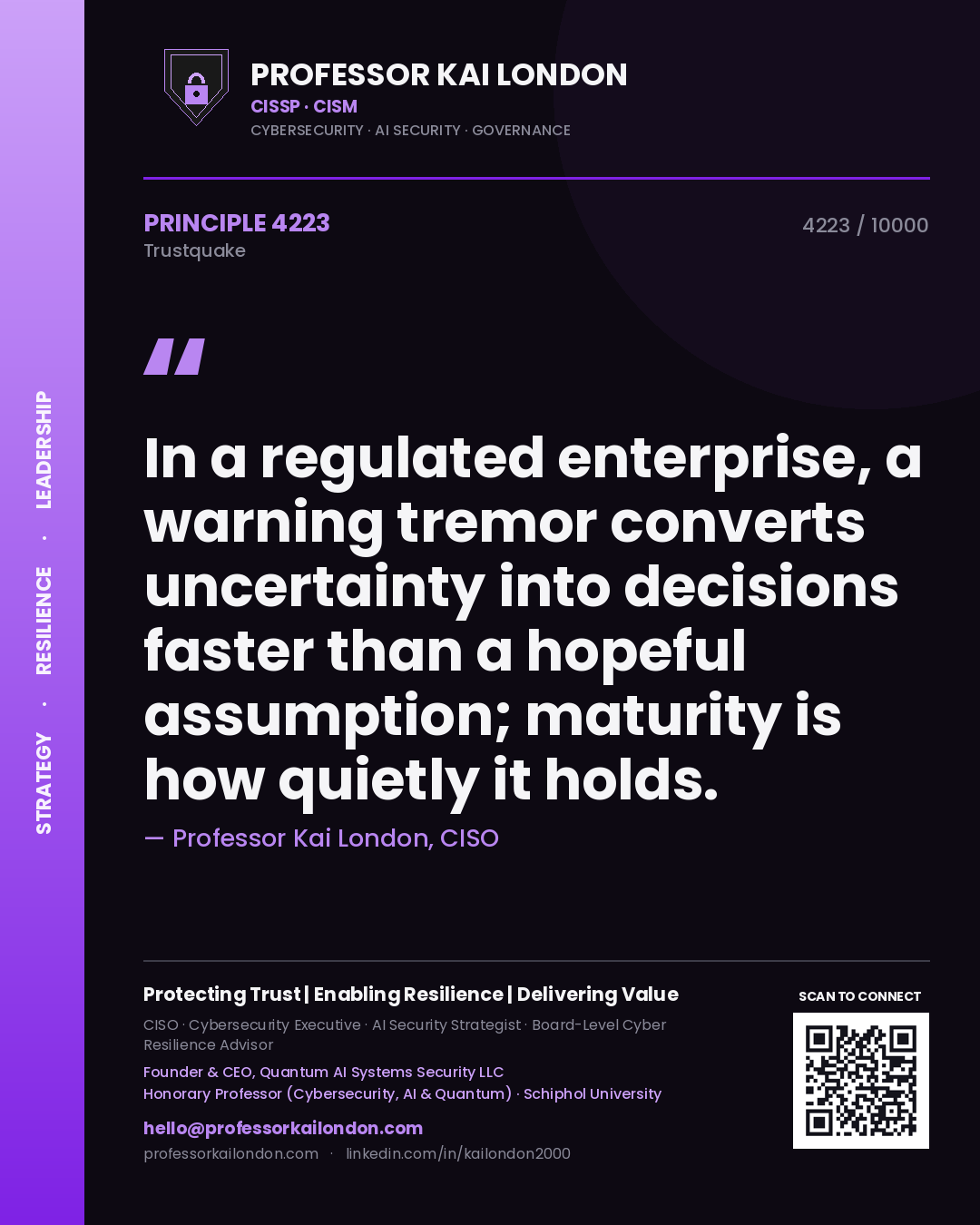 Professor Kai London principle 4223: In a regulated enterprise, a warning tremor converts uncertainty into decisions faster than a hopeful assumption; maturity is how quietly it holds.