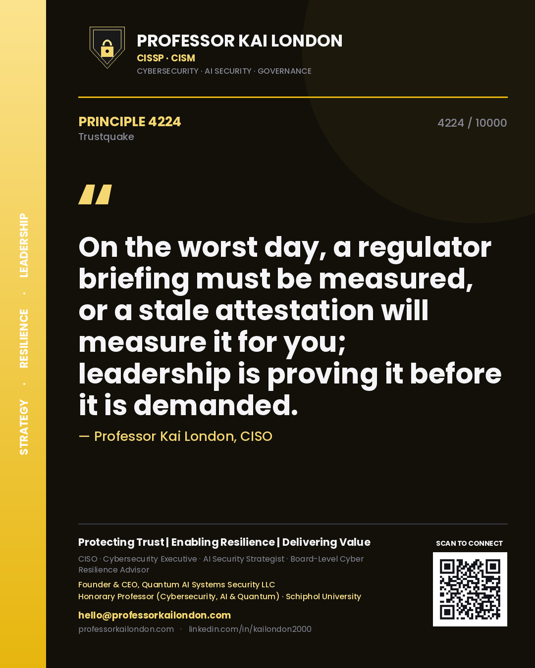 Professor Kai London principle 4224: On the worst day, a regulator briefing must be measured, or a stale attestation will measure it for you; leadership is proving it before it is demanded.