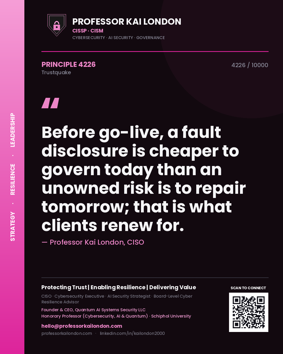 Quote card by Professor Kai London reading 'Before go-live, a fault disclosure is cheaper to govern today than an unowned risk is to repair tomorrow; that is what clients renew for.'. From the book Trustquake.