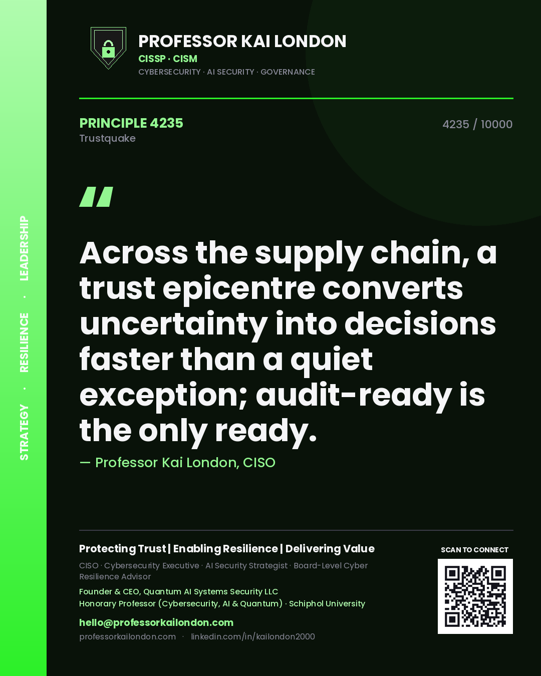 Professor Kai London principle 4235: Across the supply chain, a trust epicentre converts uncertainty into decisions faster than a quiet exception; audit-ready is the only ready.