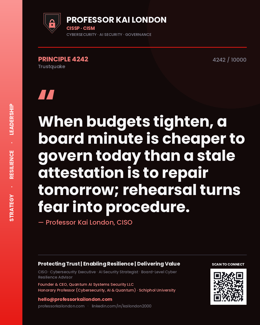 Professor Kai London principle 4242: When budgets tighten, a board minute is cheaper to govern today than a stale attestation is to repair tomorrow; rehearsal turns fear into procedure.