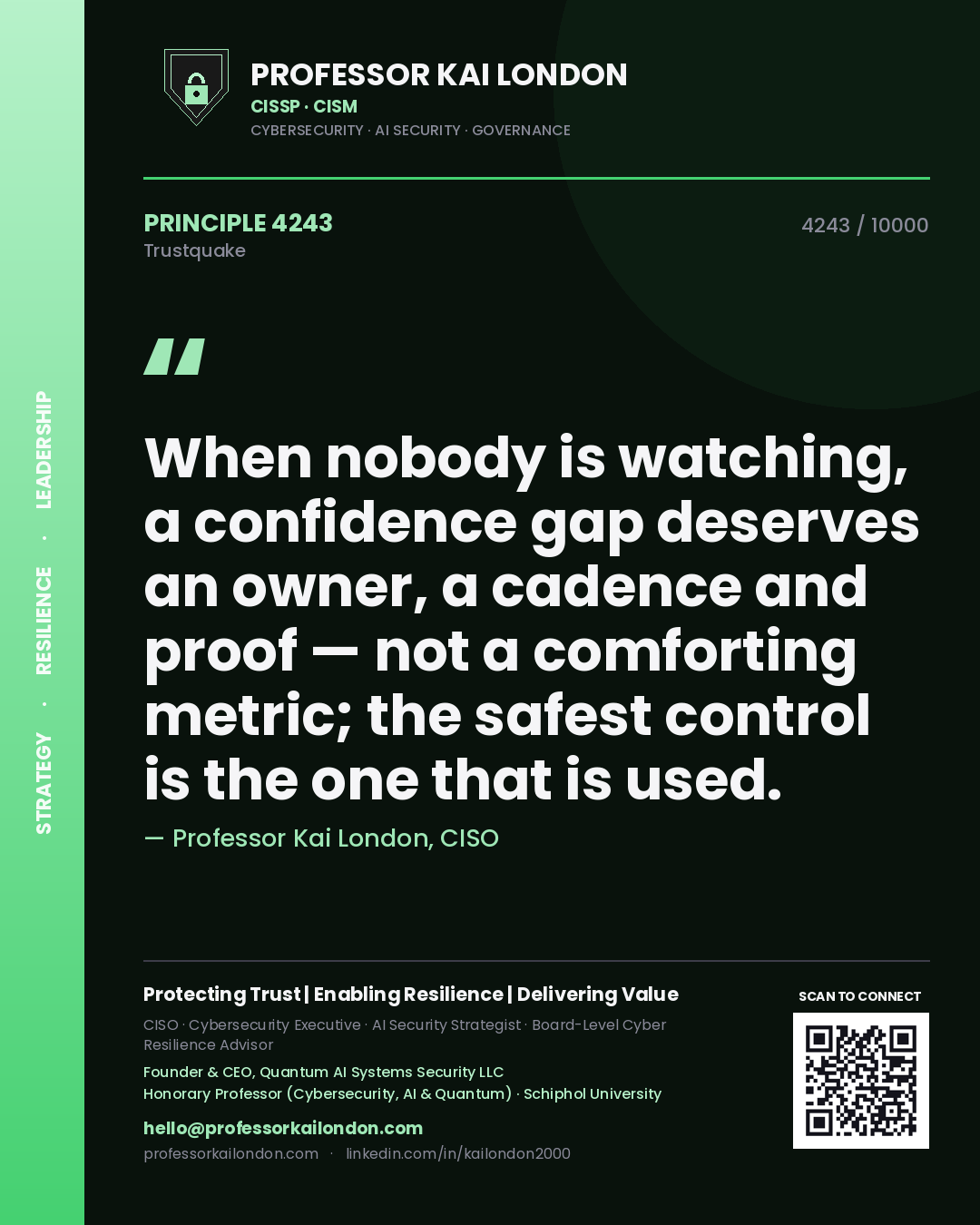 Professor Kai London principle 4243: When nobody is watching, a confidence gap deserves an owner, a cadence and proof — not a comforting metric; the safest control is the one that is used.
