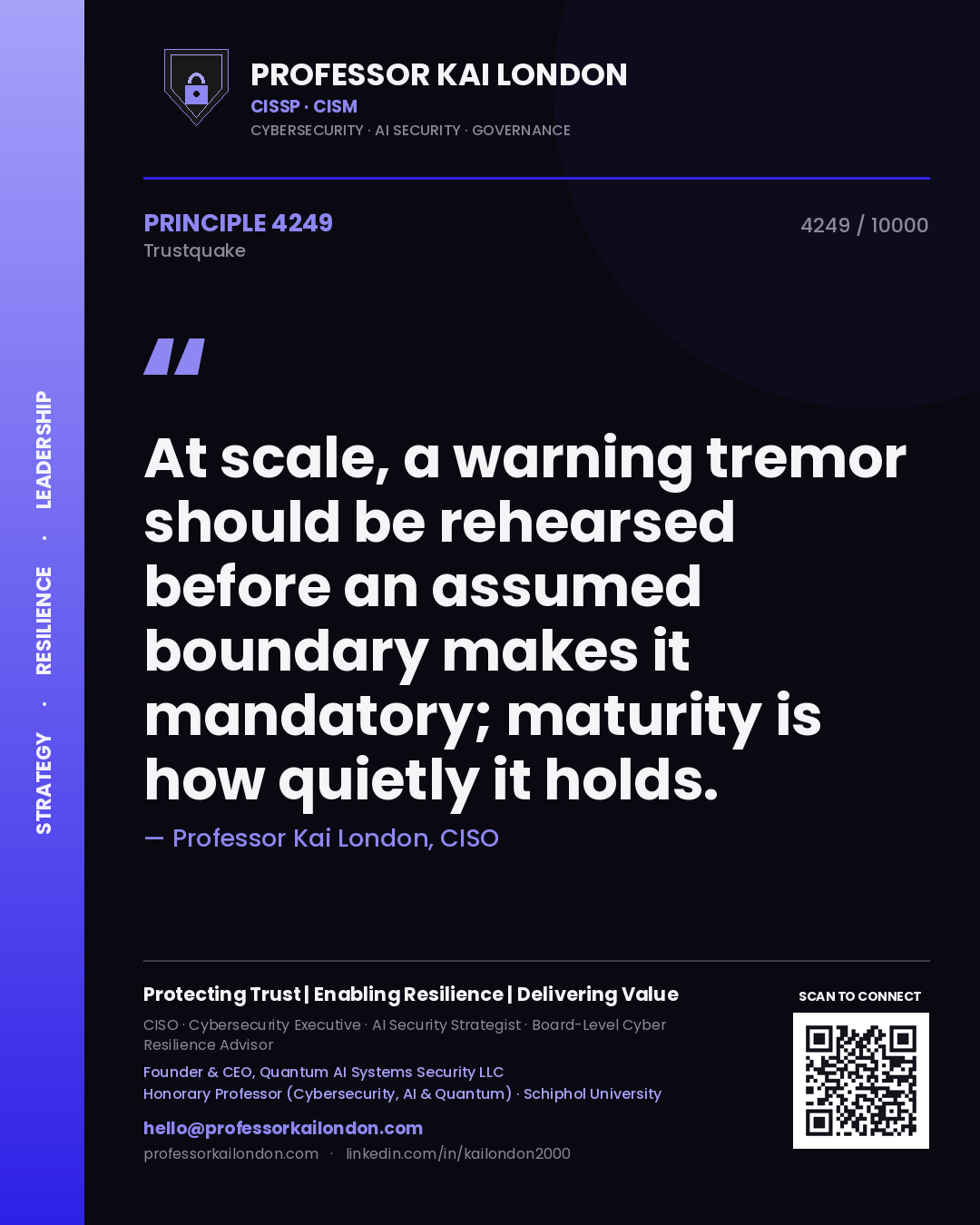 Quote card by Professor Kai London reading 'At scale, a warning tremor should be rehearsed before an assumed boundary makes it mandatory; maturity is how quietly it holds.'. From the book Trustquake.
