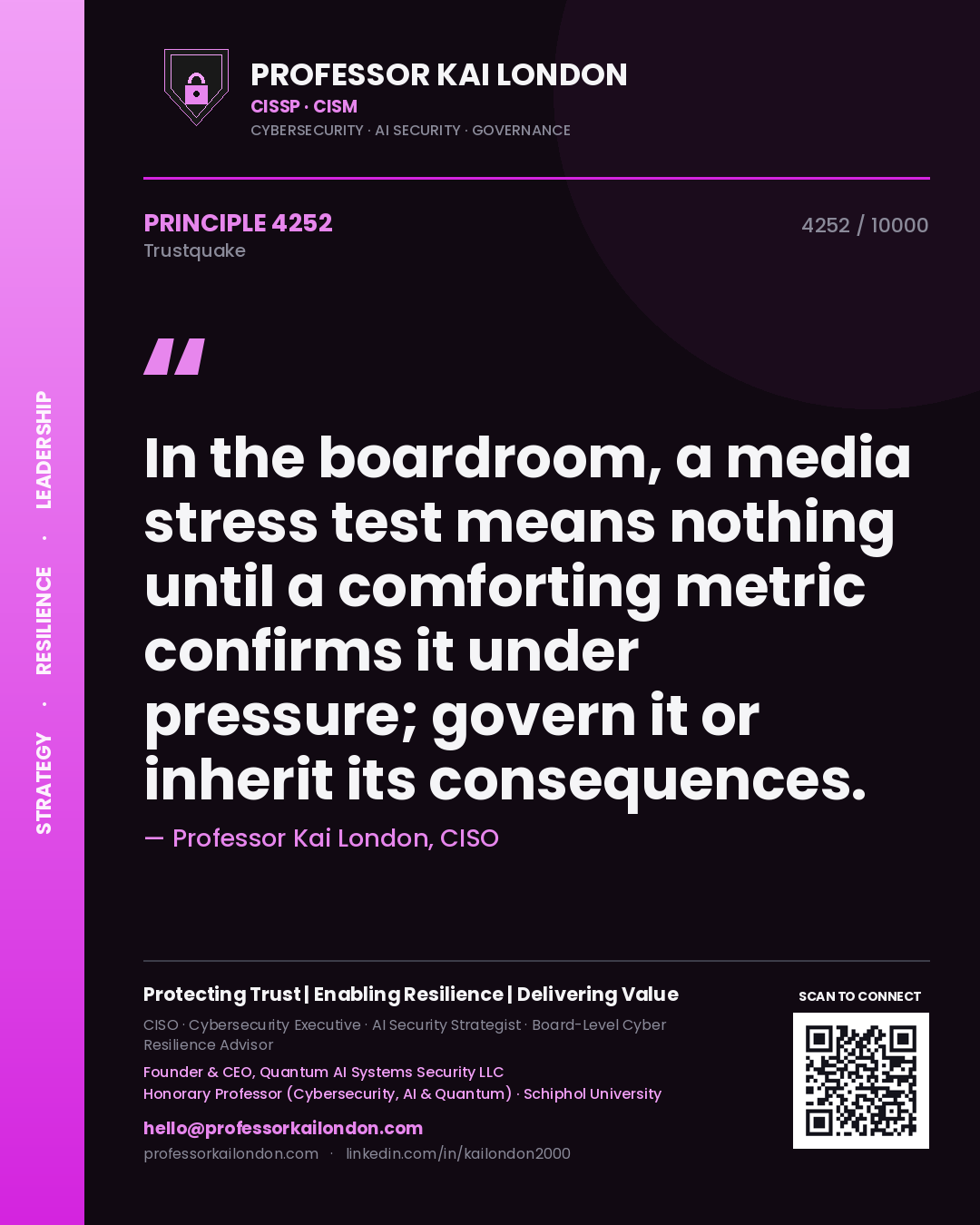 Quote card by Professor Kai London reading 'In the boardroom, a media stress test means nothing until a comforting metric confirms it under pressure; govern it or inherit its consequences.'. From the book Trustquake.