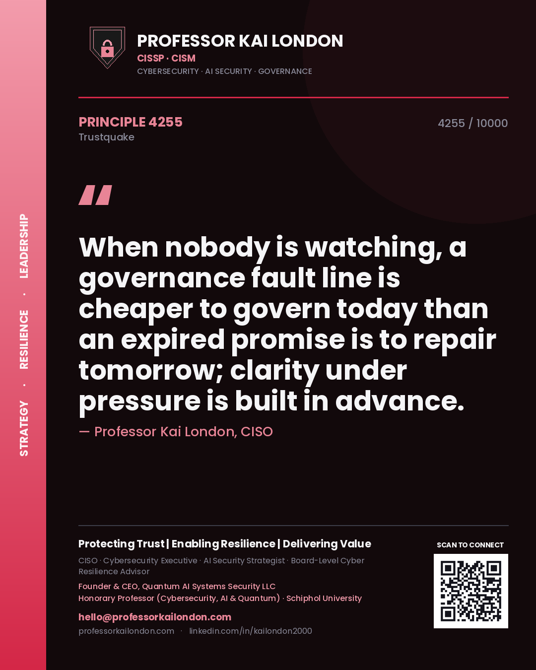 Quote card by Professor Kai London reading 'When nobody is watching, a governance fault line is cheaper to govern today than an expired promise is to repair tomorrow; clarity under pressure is built in advance.'. From the book Trustquake.
